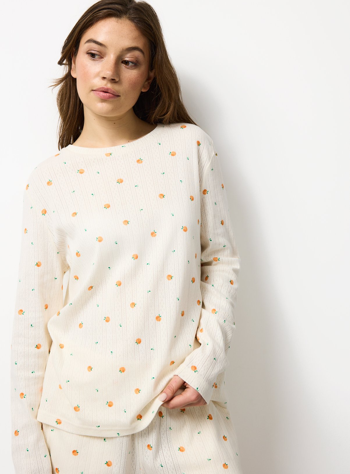 Cream Orange Print Pointelle Co-ord Pyjama Top L