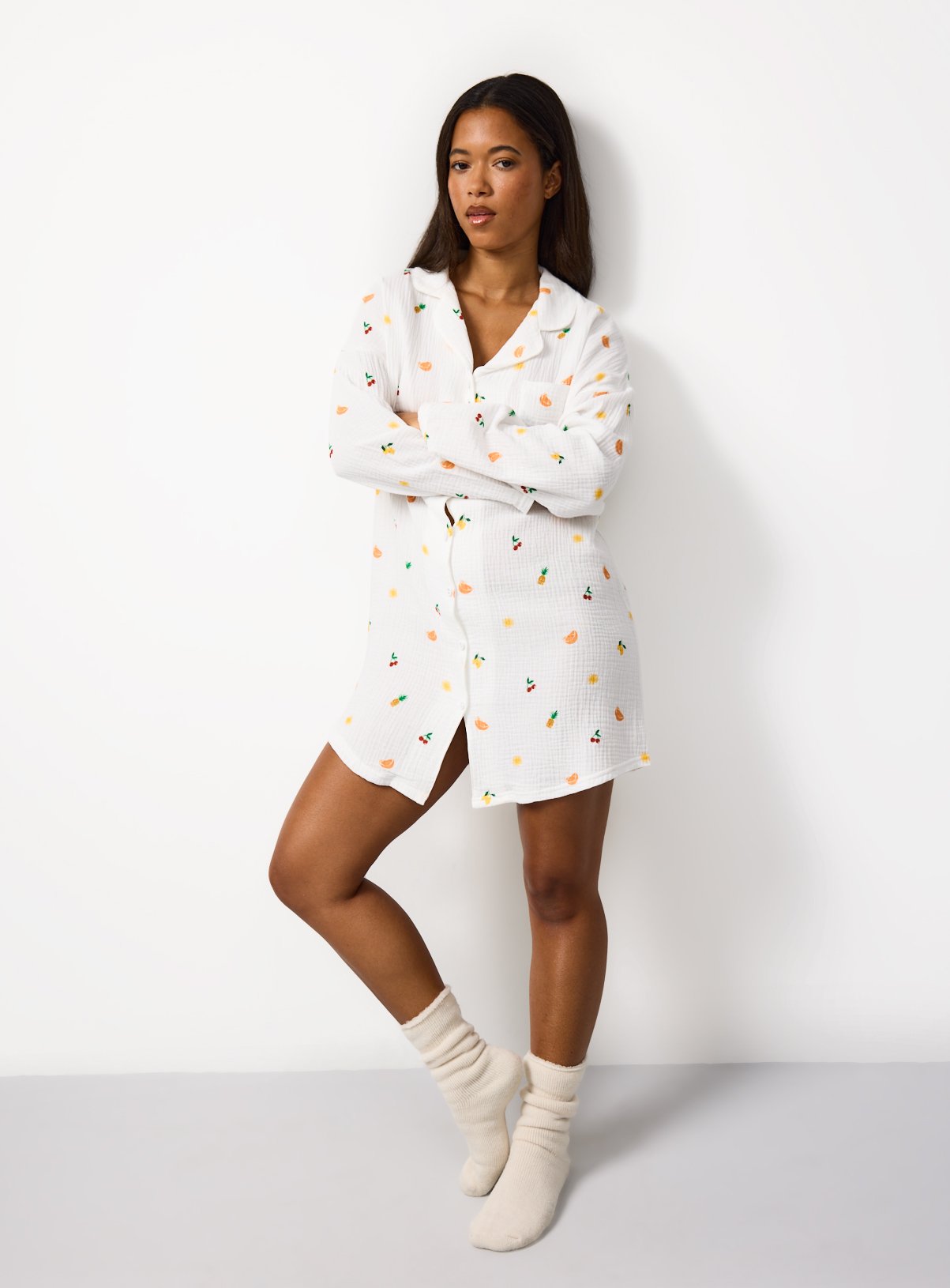 White Fruit Print Double Cloth Night Shirt