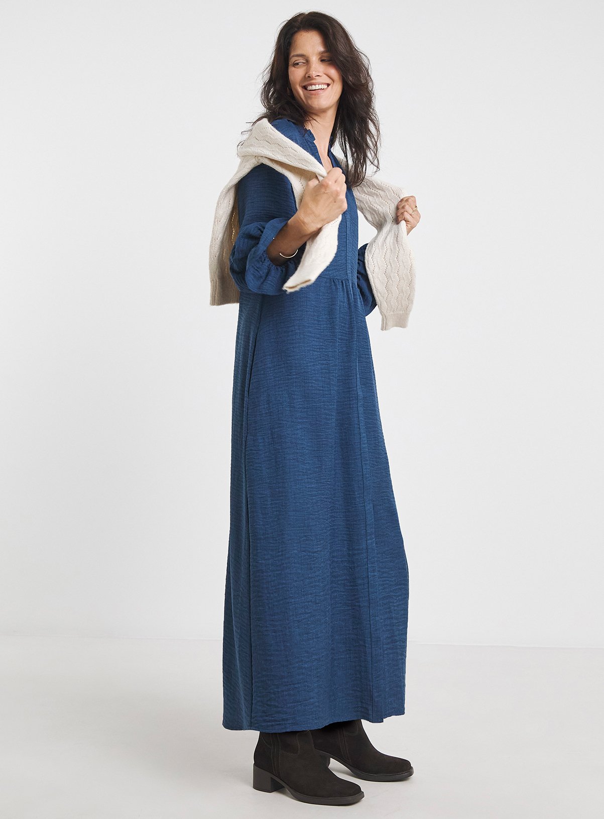 JD WILLIAMS Collarless Placket Flared Sleeve Smock Dress 