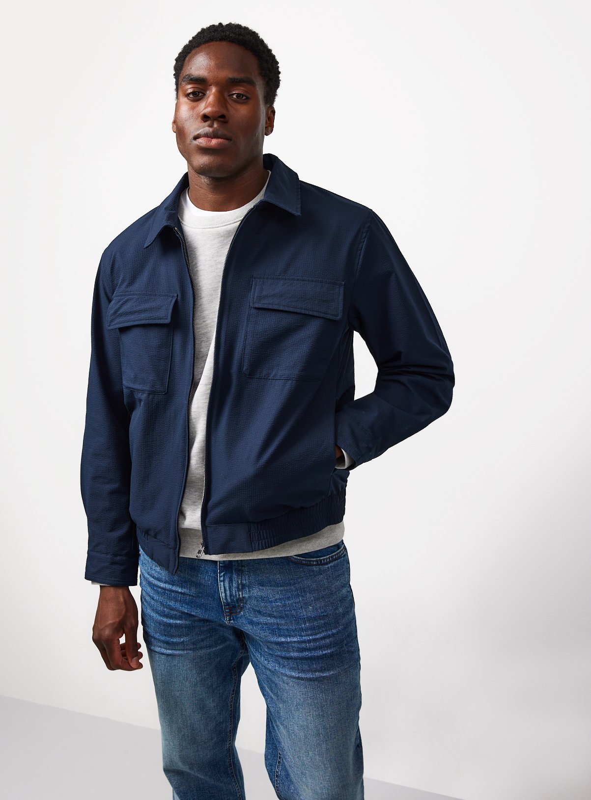 Navy Seersucker Bomber Jacket