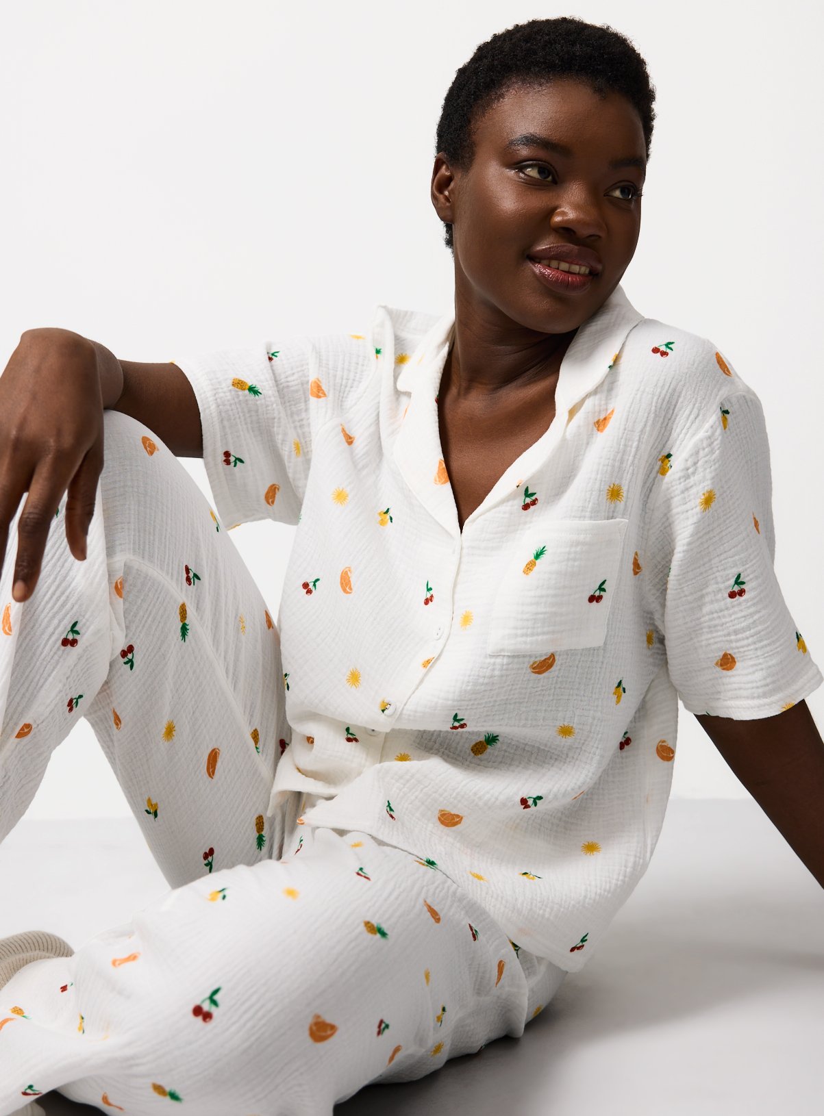 White Fruit Print Double Cloth Traditional Pyjamas