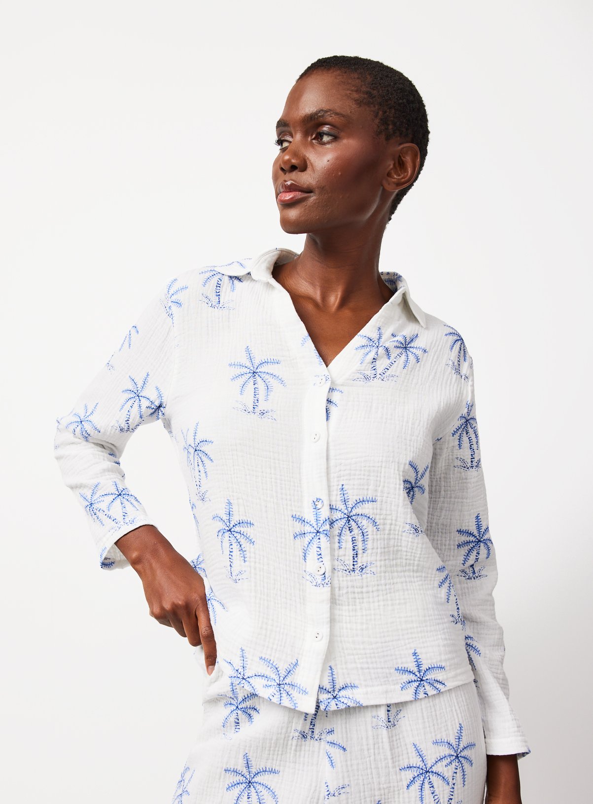 White Palm Tree Print Double Cloth Traditional Pyjamas