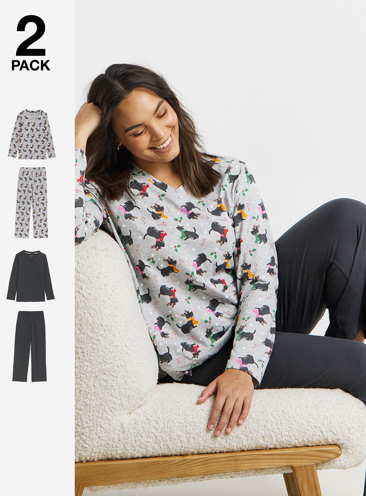 SIMPLY BE Pretty Secrets Festive Scotty Dog 2 Pack Pyjama Set 