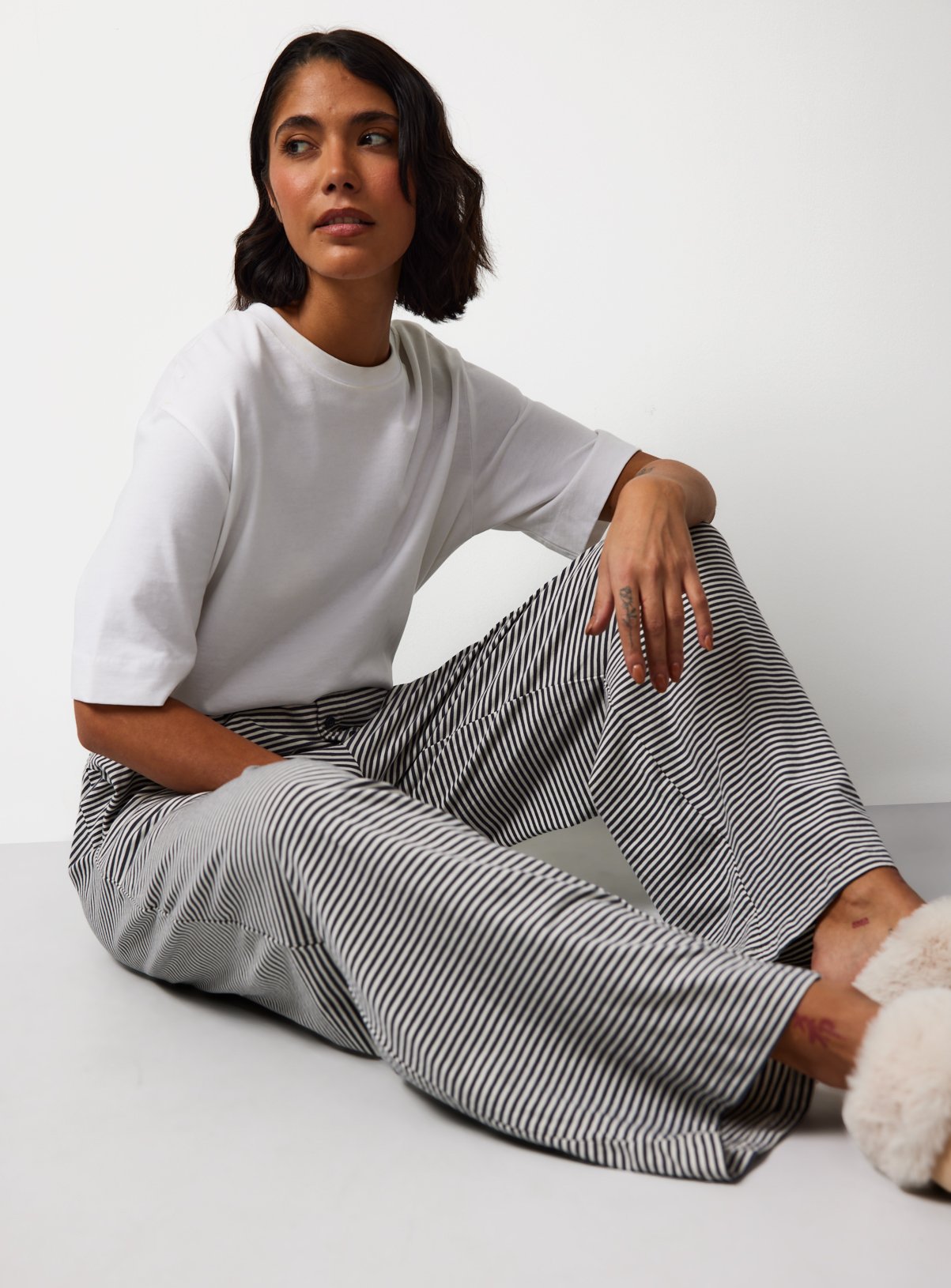 Mono Stripe Wide Leg Jersey Pyjama Bottoms 