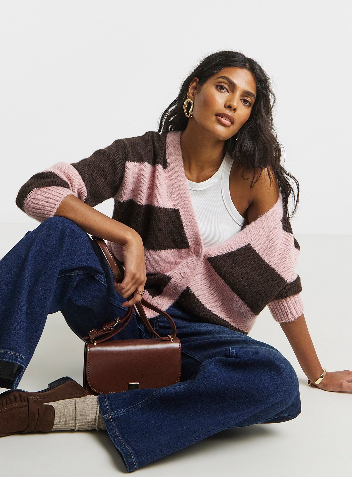 SIMPLY BE Fluffy Overstitch Boyfriend Cardigan Stripe 