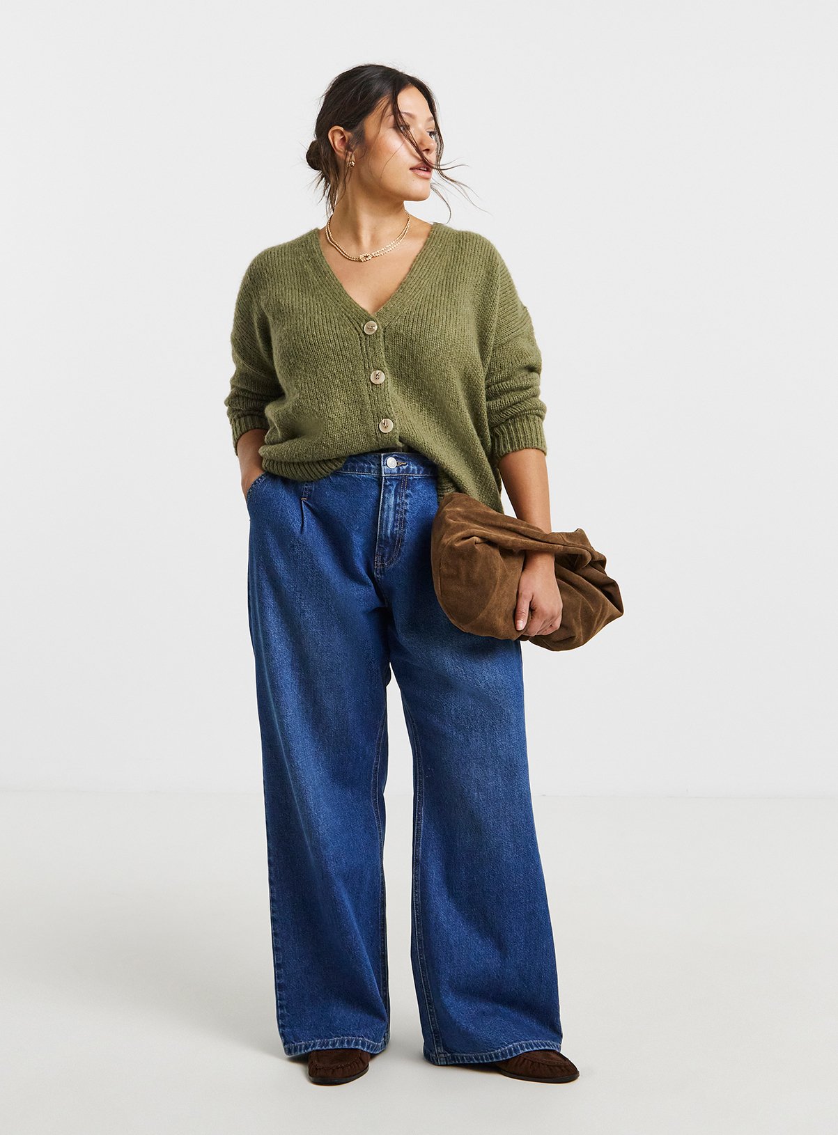 SIMPLY BE Fluffy Overstitch Boyfriend Cardigan Khaki 