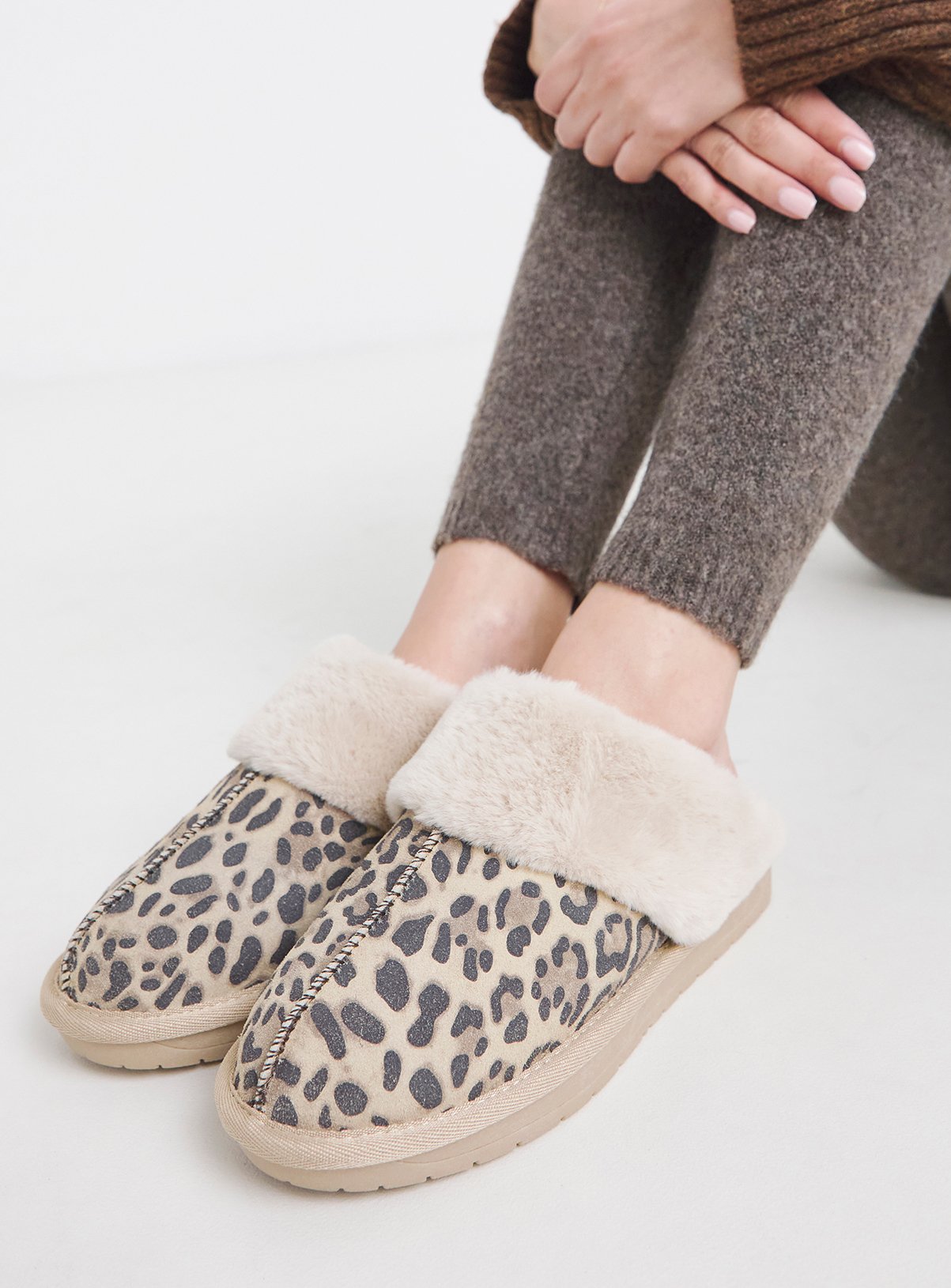 SIMPLY BE Leopard Faux Fur Lined Suede Mule Slipper Wide Fit 