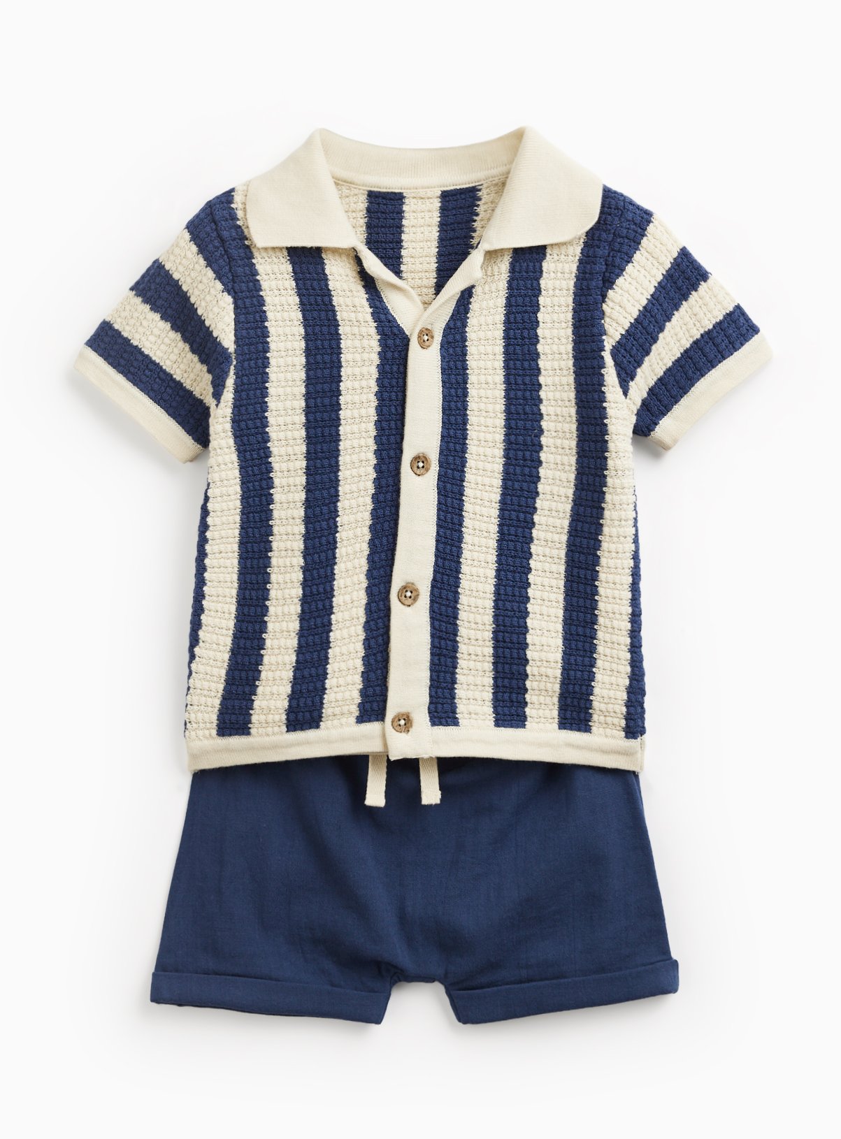 Blue Stripe Knitted Shirt & Shorts Set