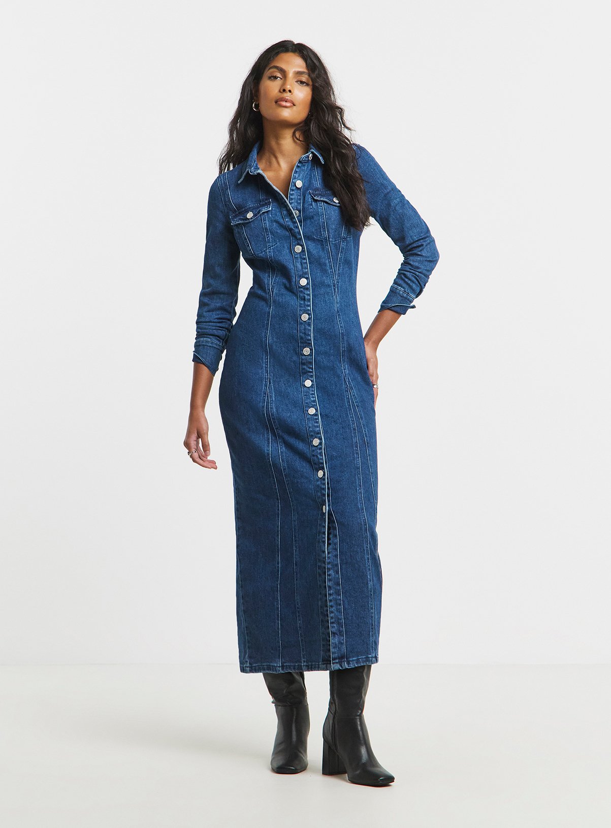 SIMPLY BE Dark Denim Wash Midaxi Shirt Dress 