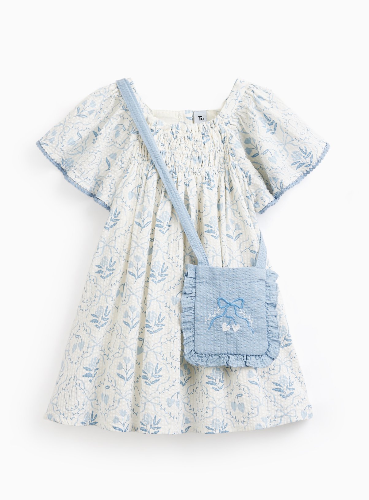 Bunny Print Dress with Matching Bag 