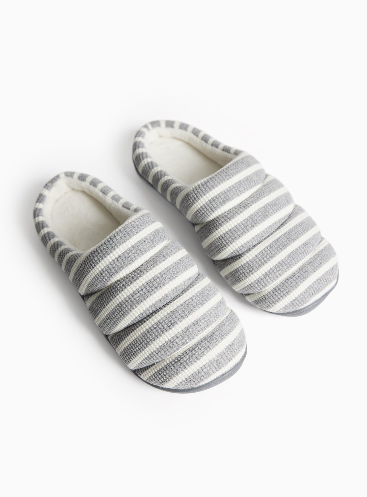 Grey Striped Quilted Cupsole Mule Slippers 