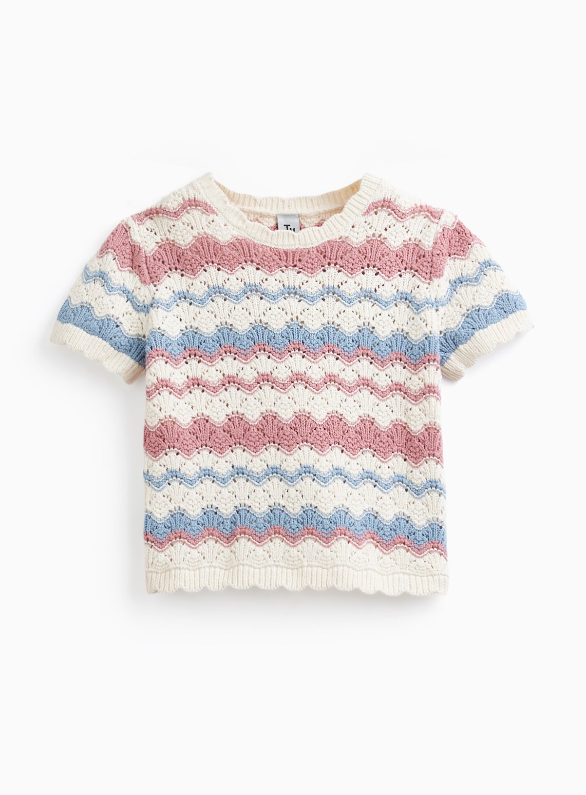 Cream Crochet Wave Stripe Short Sleeve Jumper 