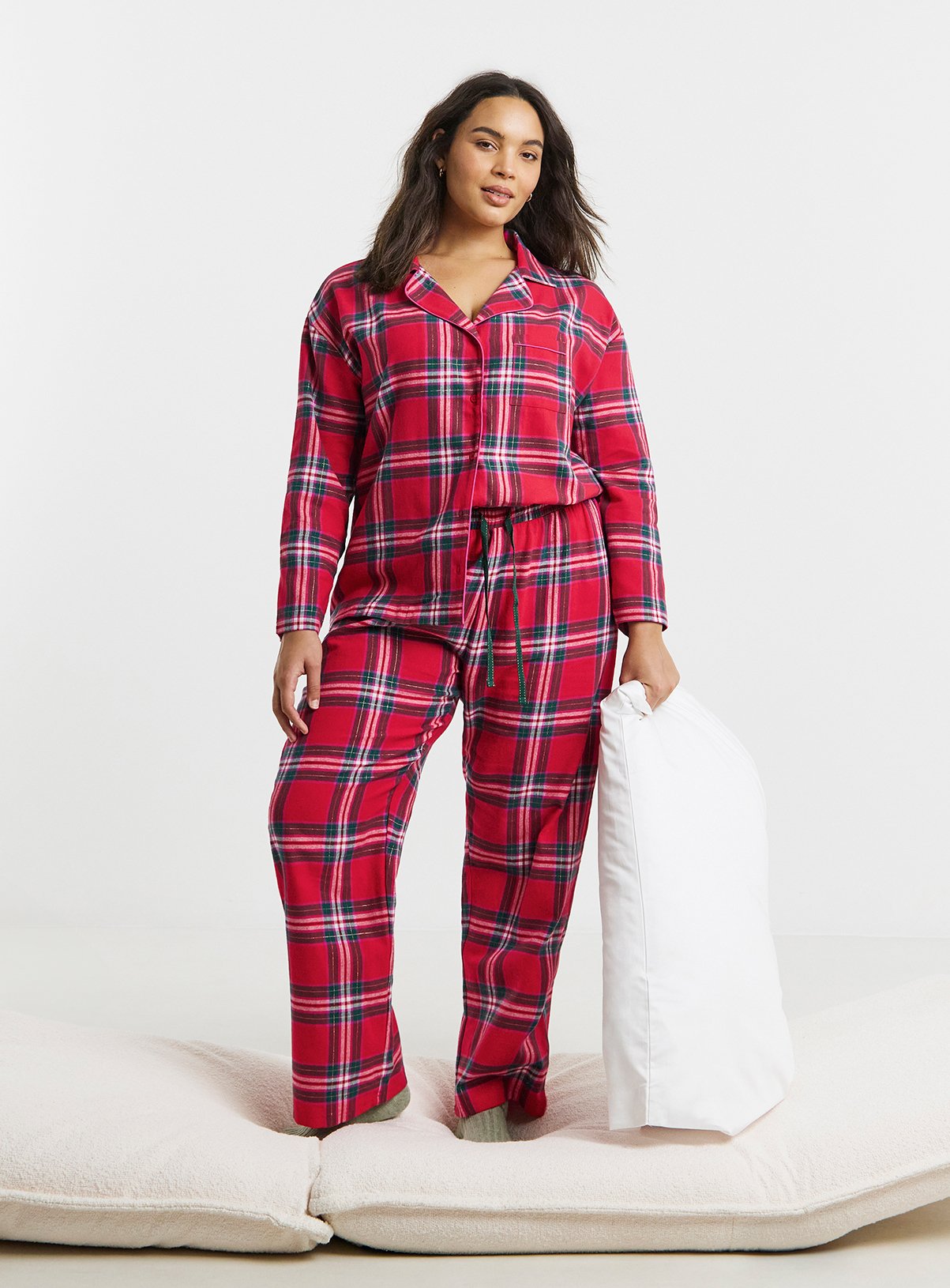 SIMPLY BE Pretty Secrets Check Button Through Pyjama Set 