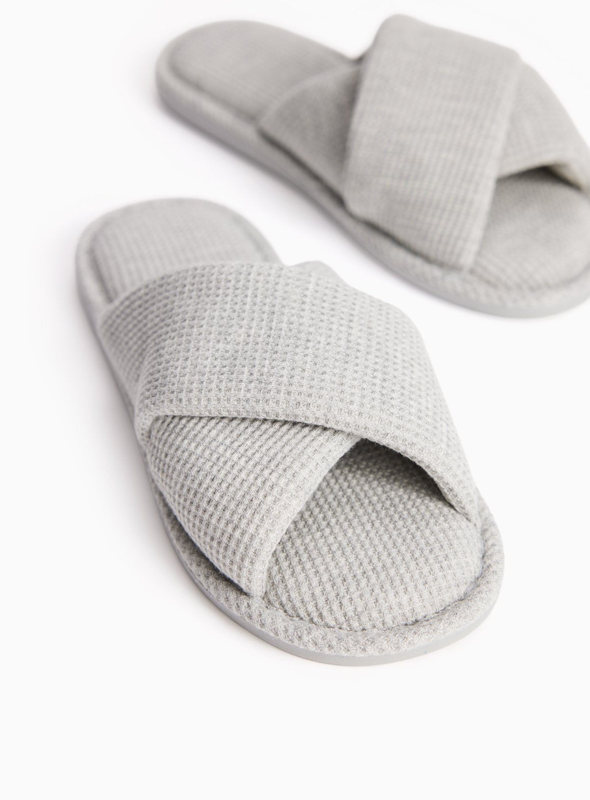Grey Waffle Crossover Detail Open Toe Slippers