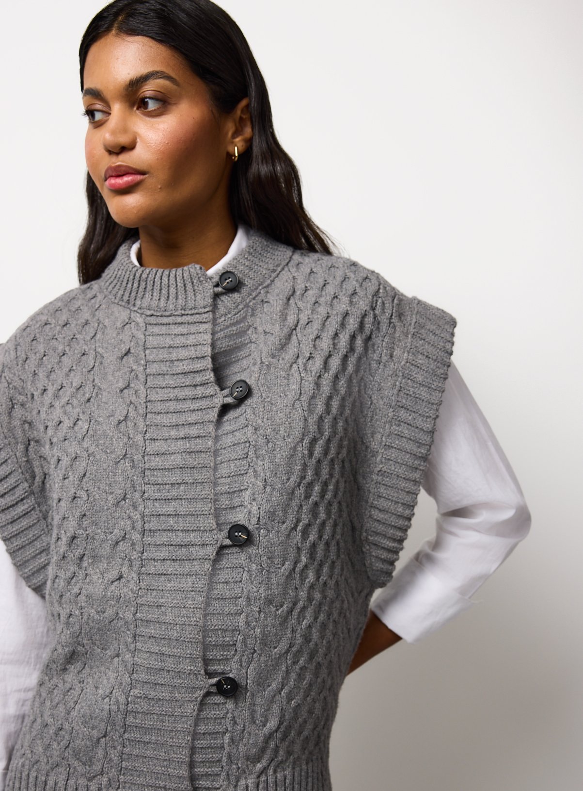Grey Cable Button Up Vest 