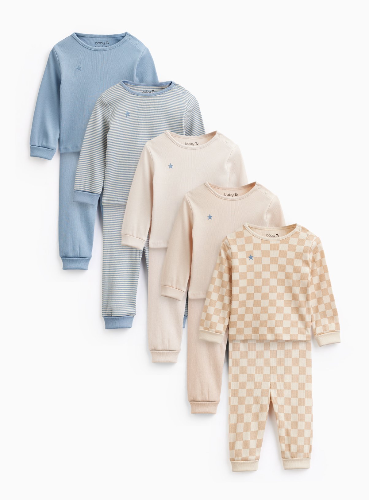 Neutral & Blue Ribbed Pyjama Sets 5 Pack 6-9 months