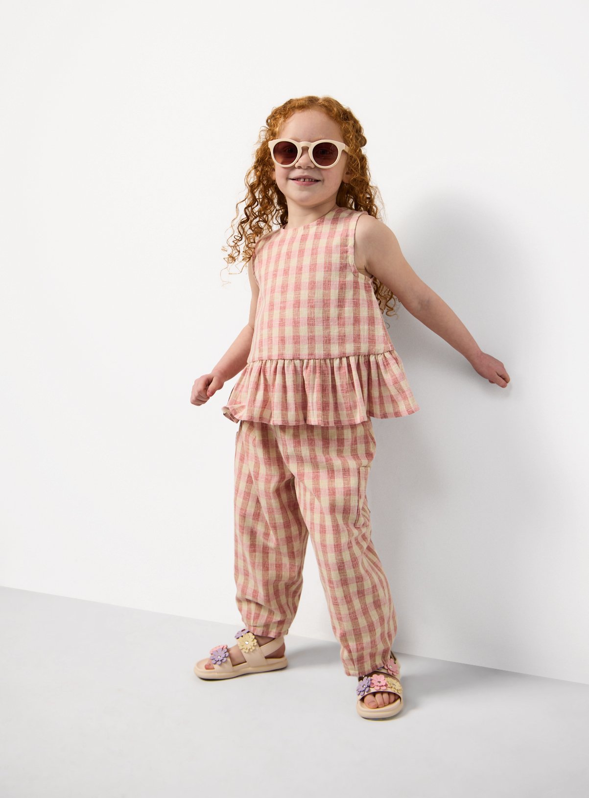 Gingham Peplum Hem Top & Barrel Trousers Set