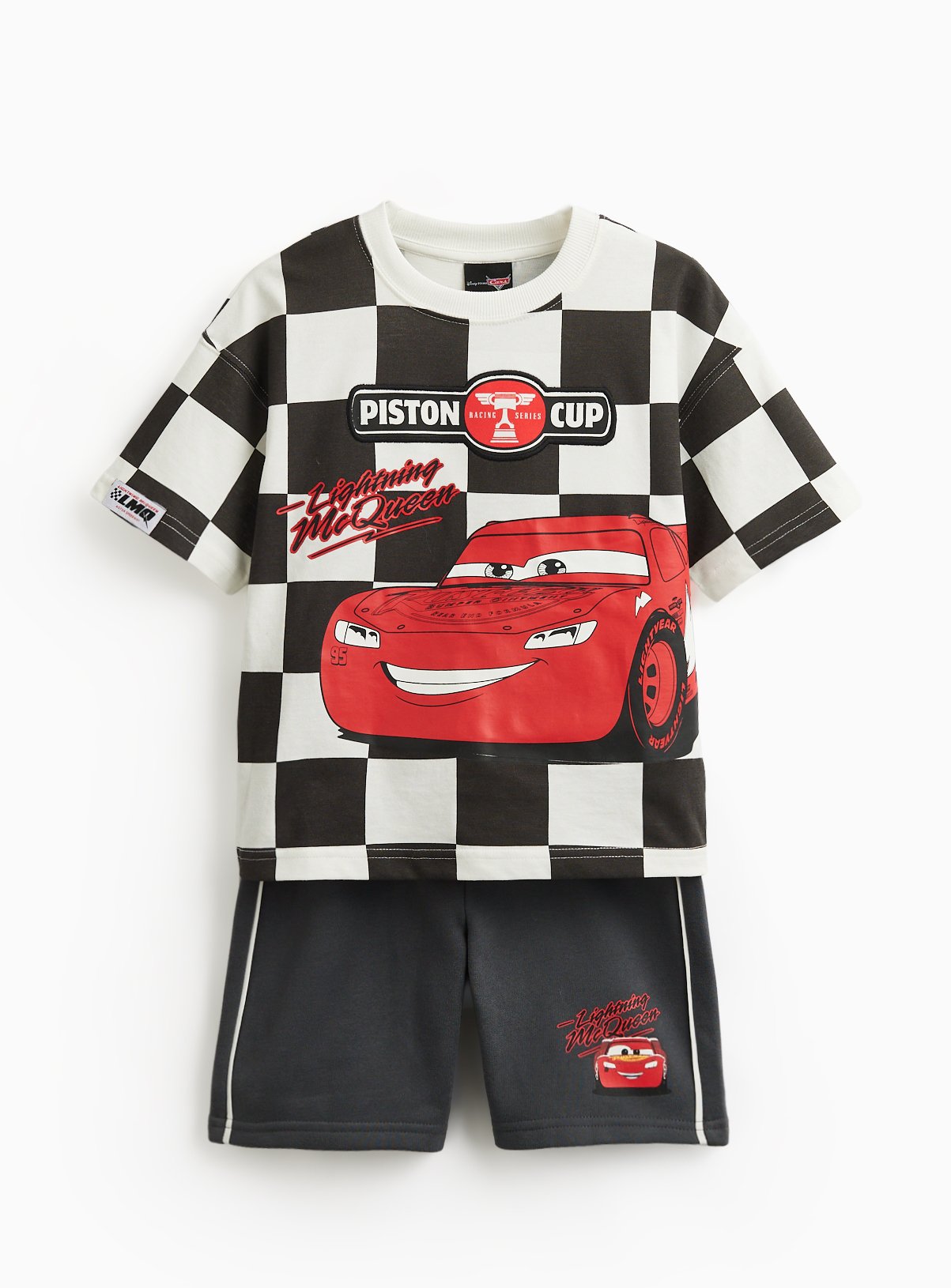 Mono Checkerboard Cars Lightning McQueen Print T-Shirt & Shorts Set