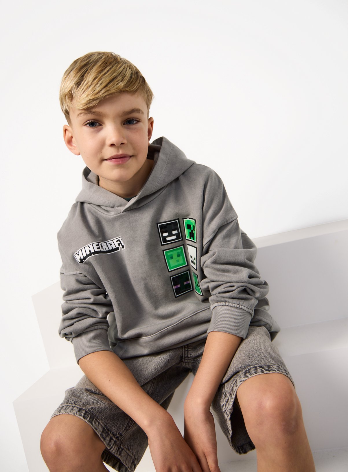 Grey Minecraft Graphic Print Hoodie
