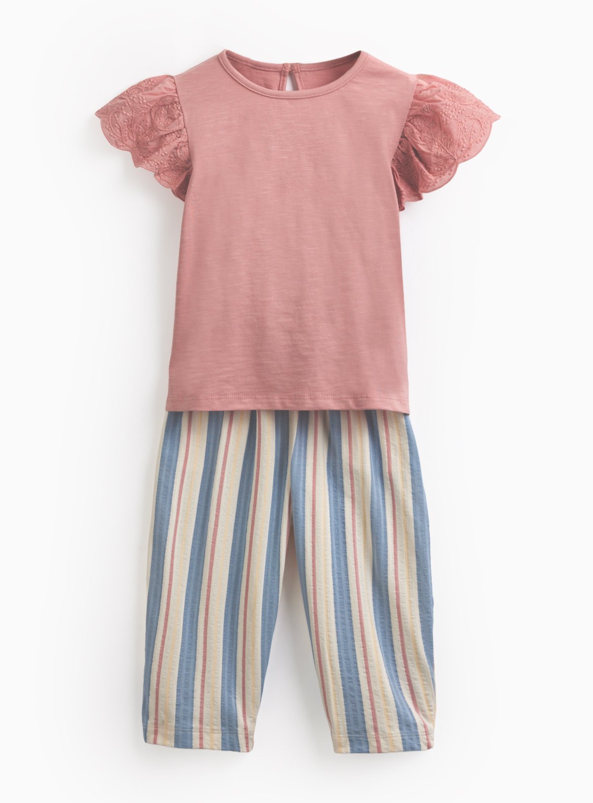 Pink Frill Sleeve T-Shirt & Striped Trousers Set