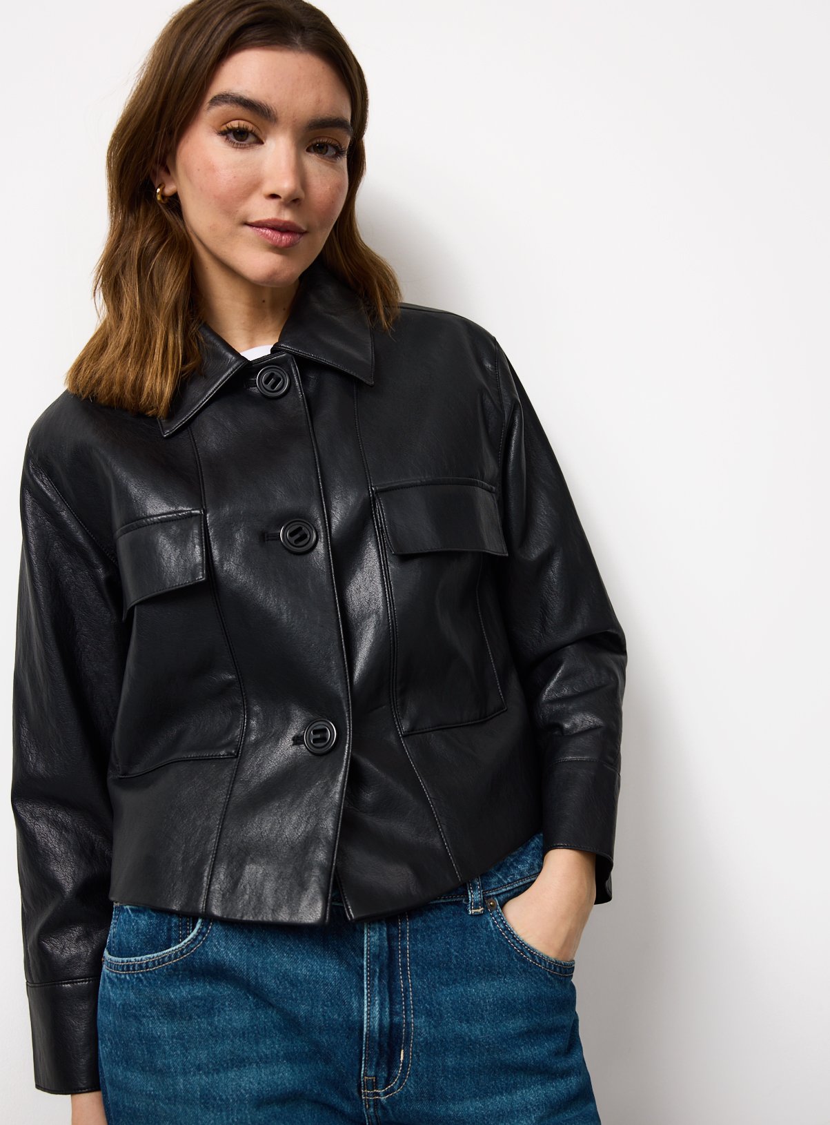 PU Leather Bomber Style Collared Jacket