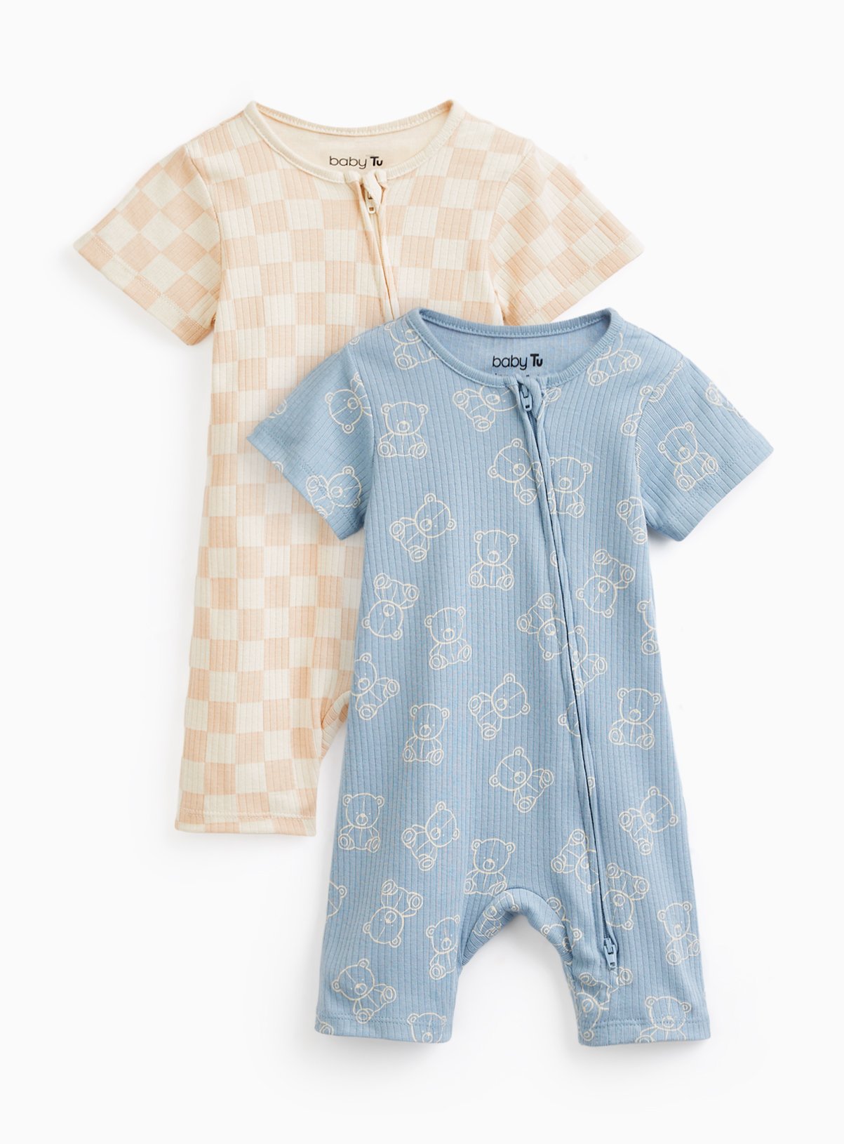 Blue Bear & Checkerboard Print Romper 2 Pack 