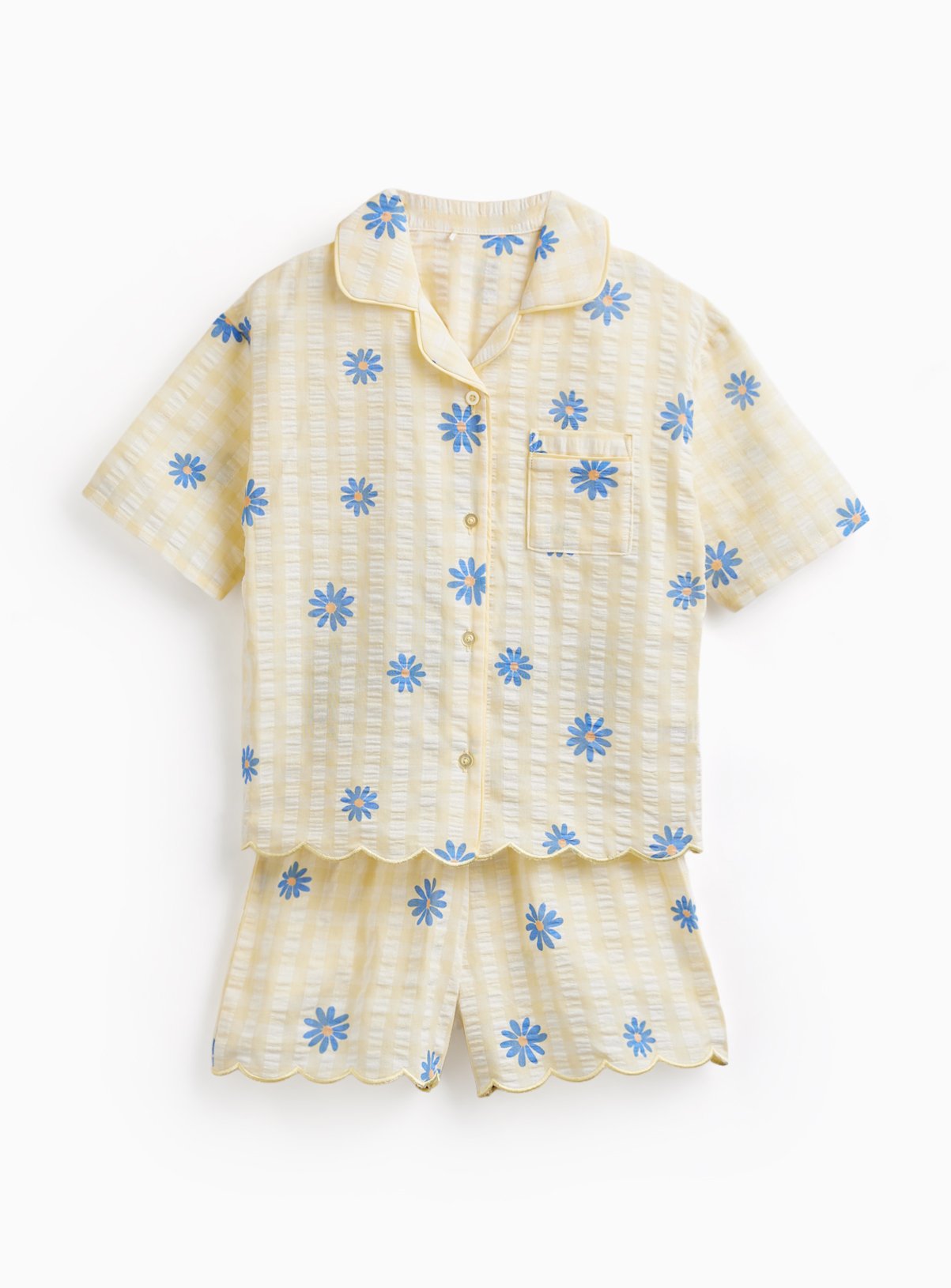Yellow Gingham Daisy Print Traditional Shortie Pyjamas 5-6 years