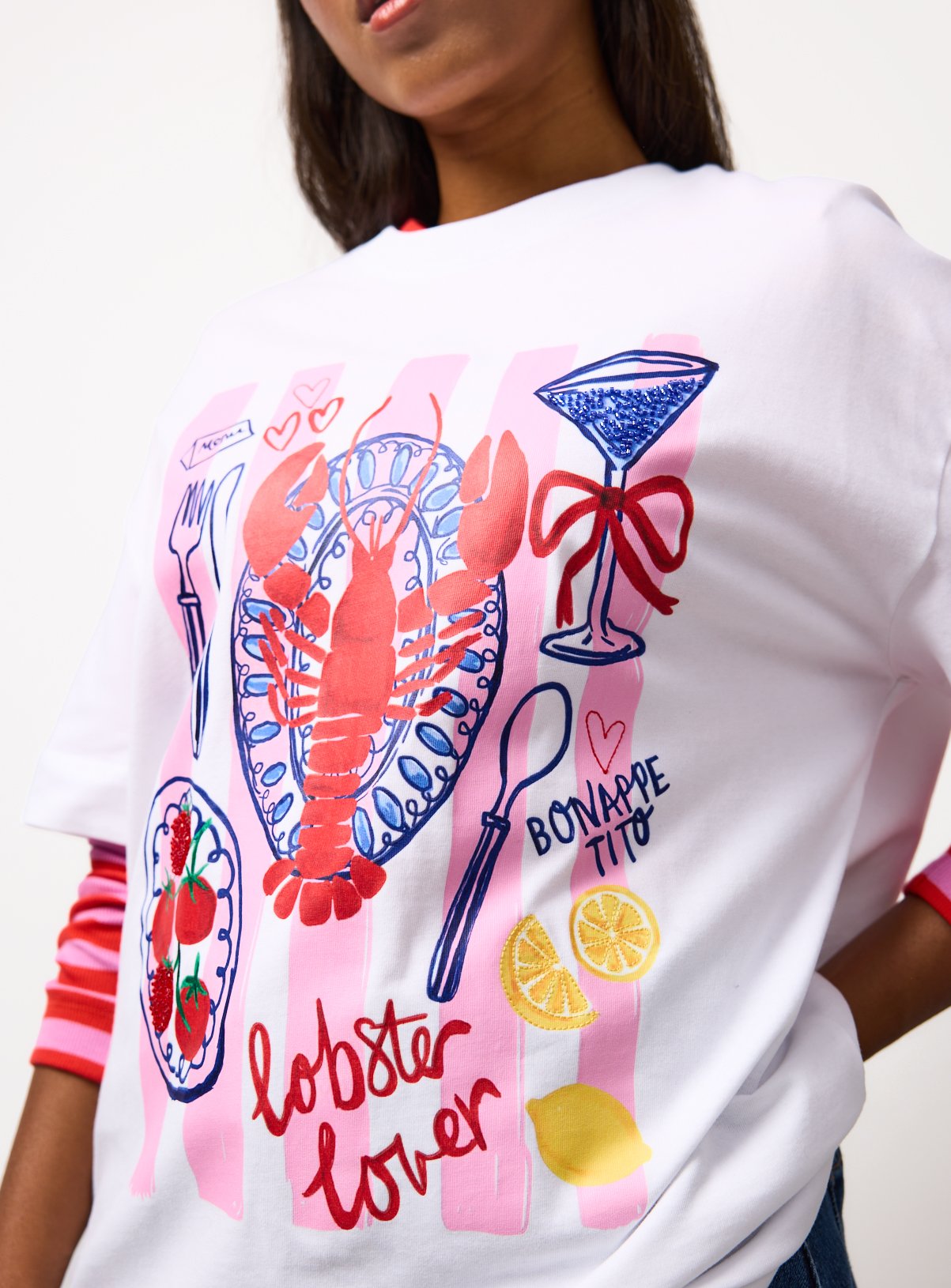 White Lobster Print Graphic Oversized Fit T-Shirt