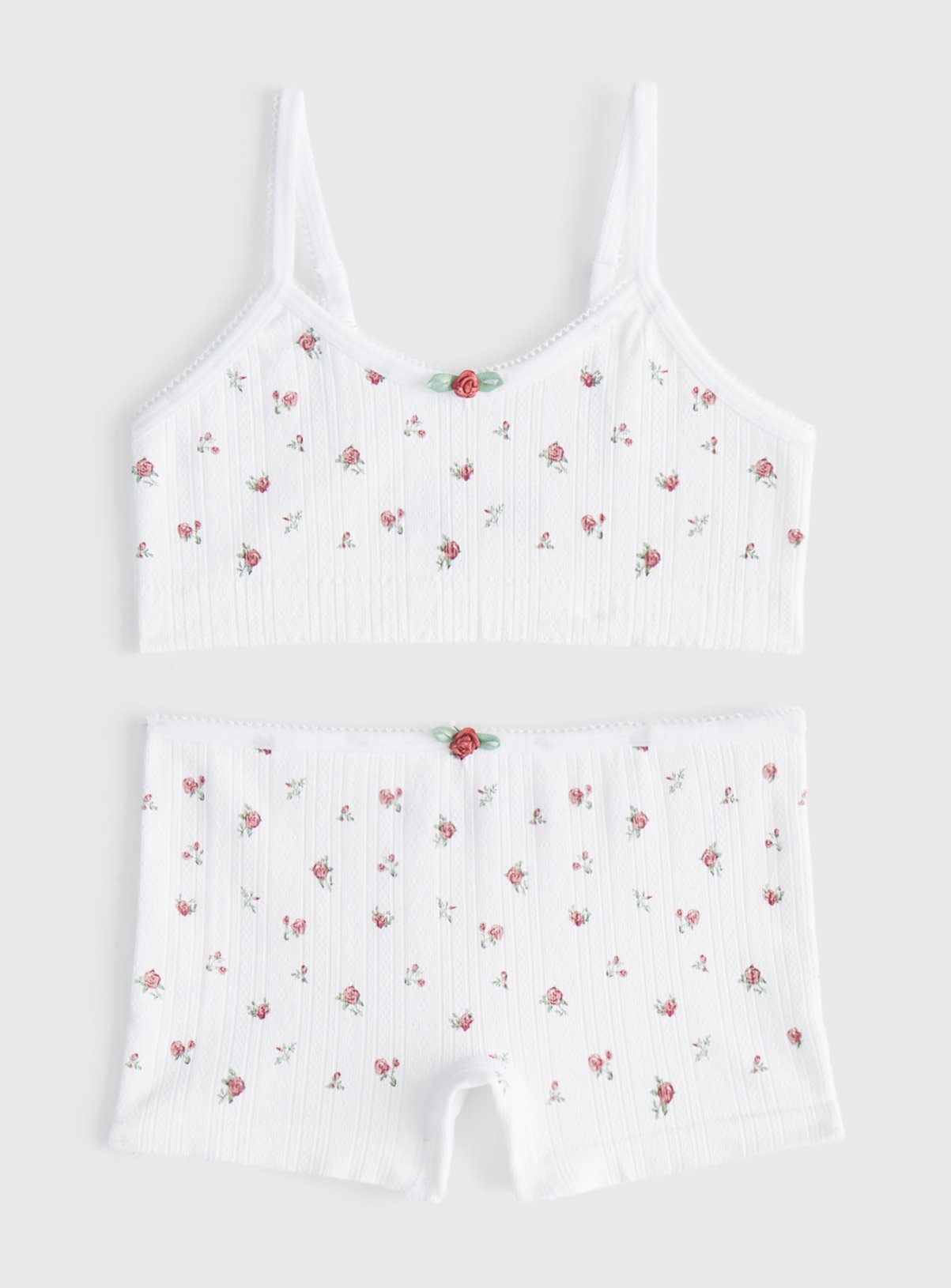 White Floral Crop Top & Shorts Set 