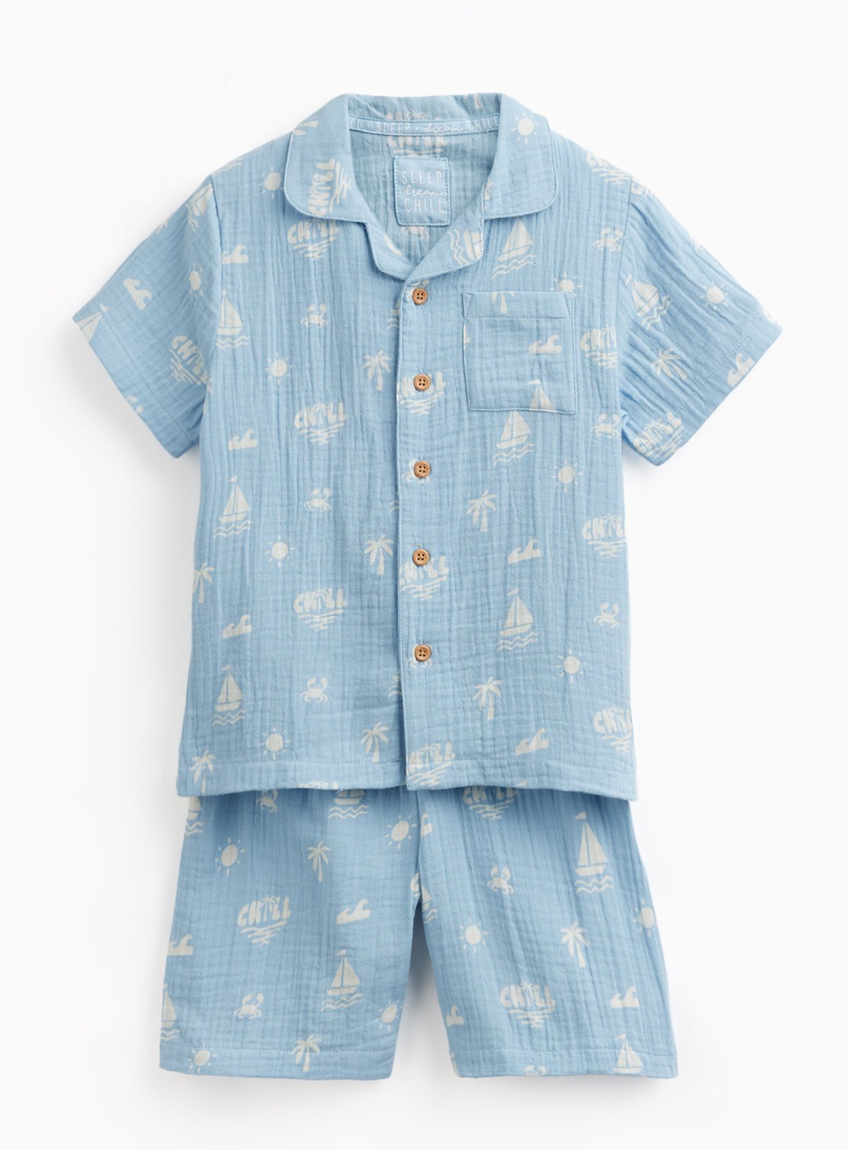 Blue Surf Print Double Cloth Shortie Traditional Pyjamas