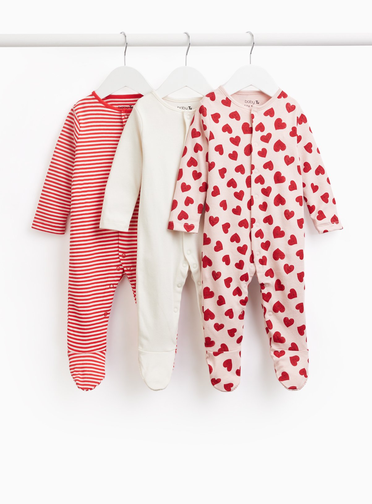 Pink Heart Footed Sleepsuits 3 Pack