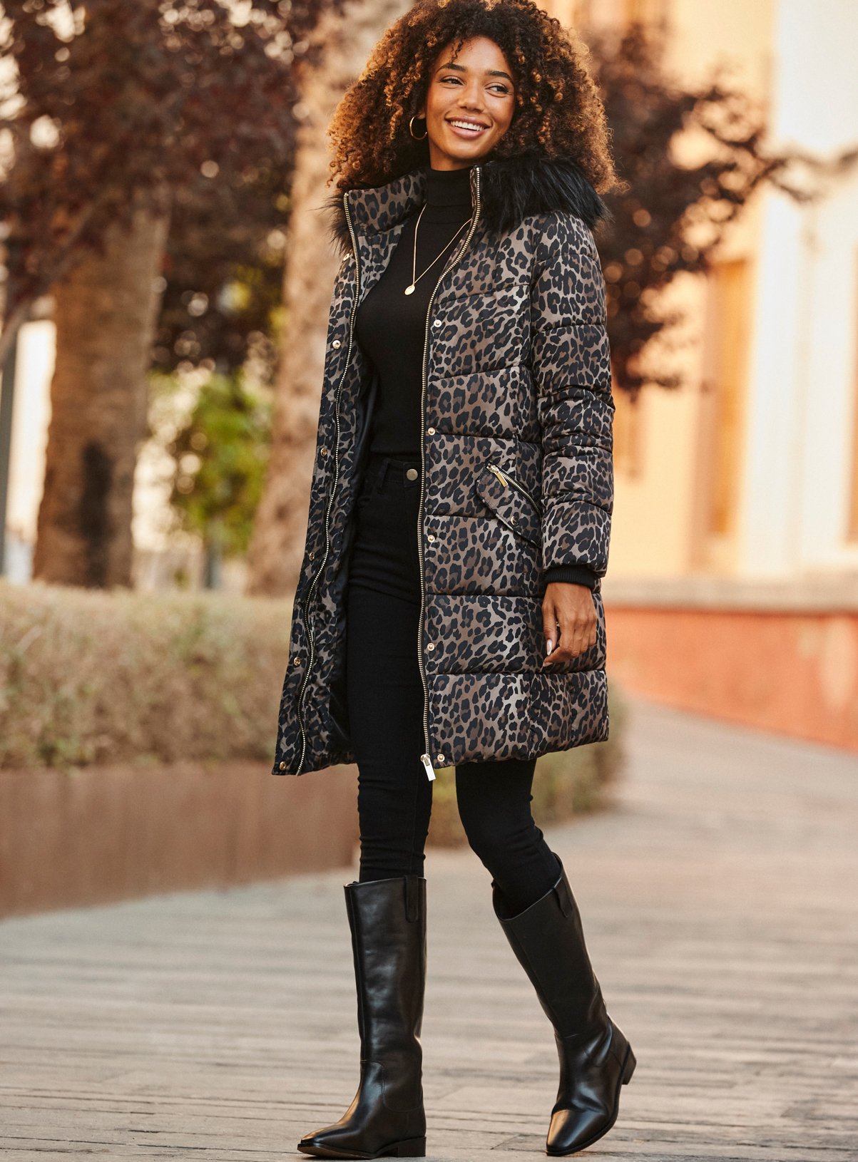 SOSANDAR Brown Leopard Print Faux Fur Trim Padded Coat