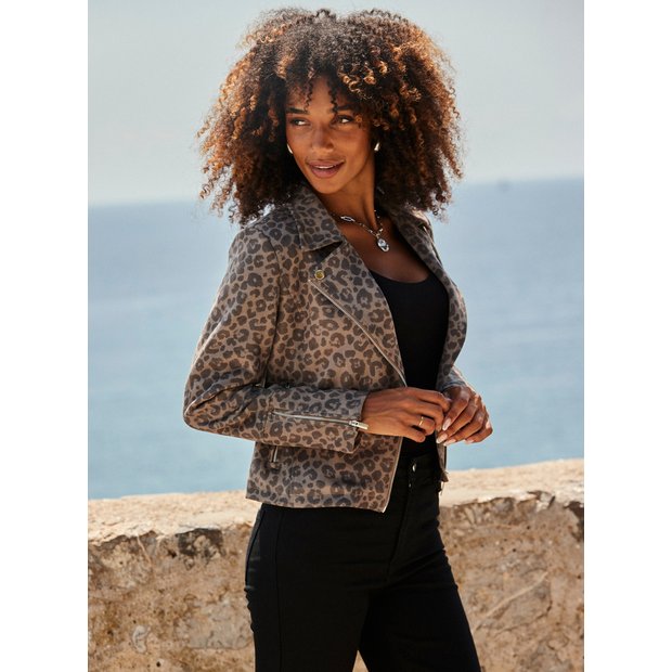 Buy SOSANDAR Brown Leopard Print Faux Suede Biker Jacket 10 | Jackets | Tu
