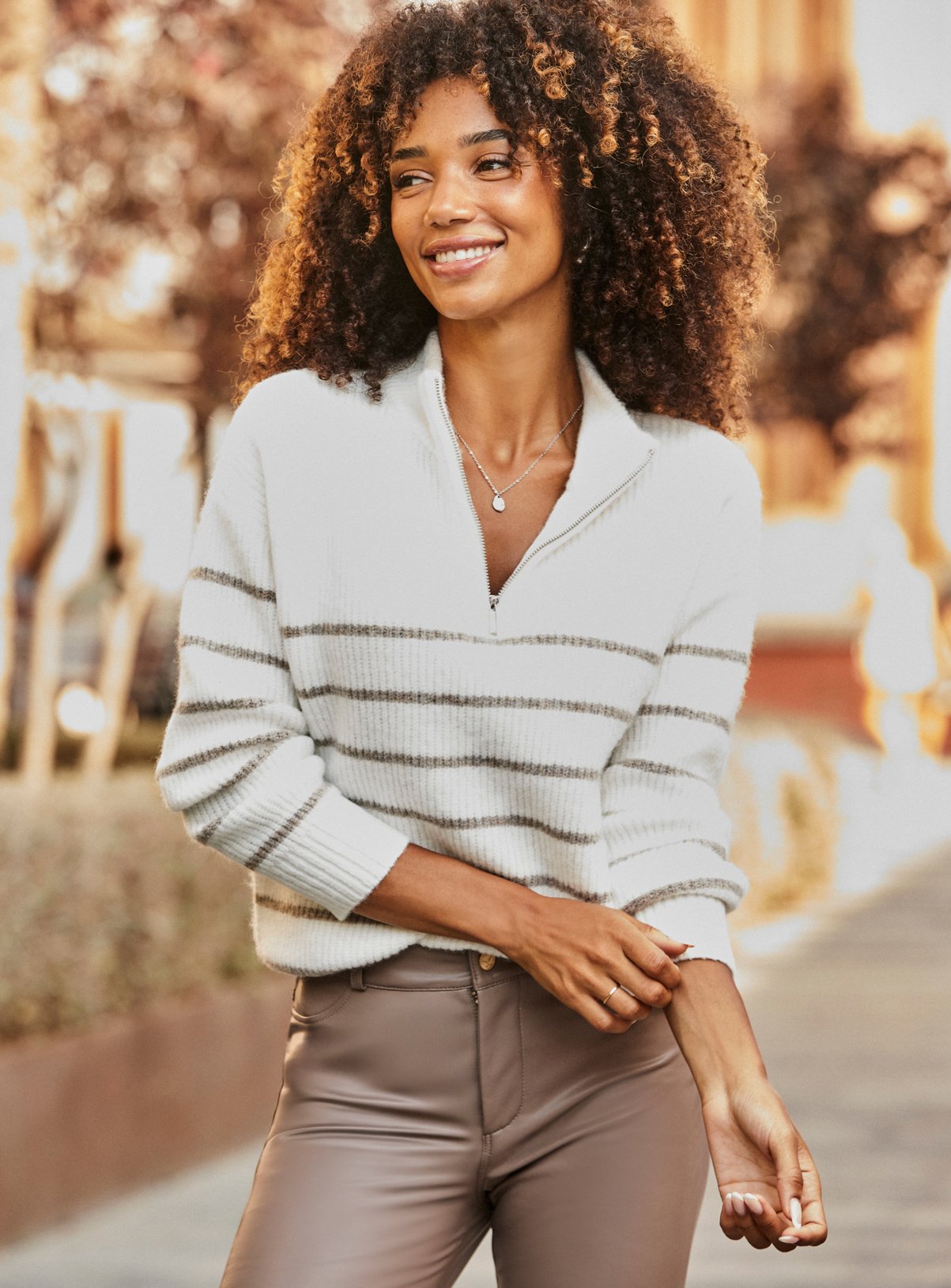 SOSANDAR Ivory & Neutral Stripe Quarter Zip Jumper 