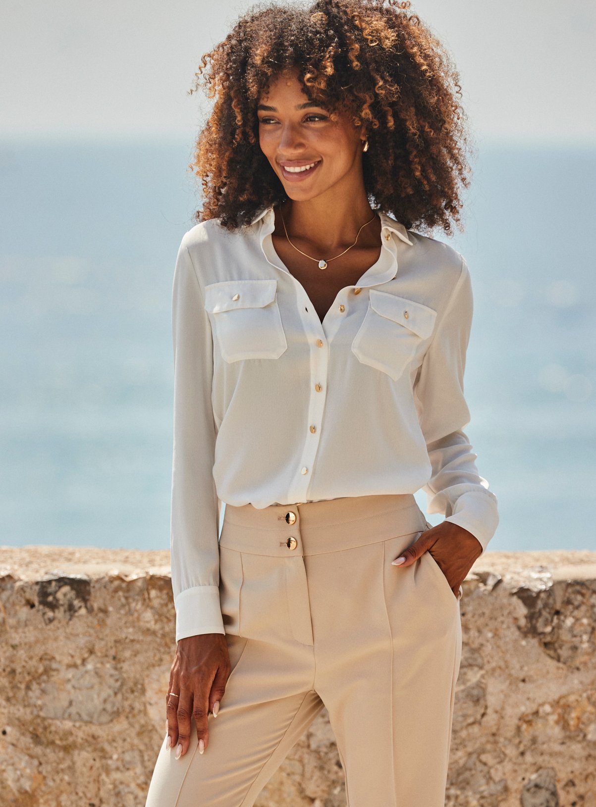 SOSANDAR Ivory Shirt With Gold Trim Detail 6