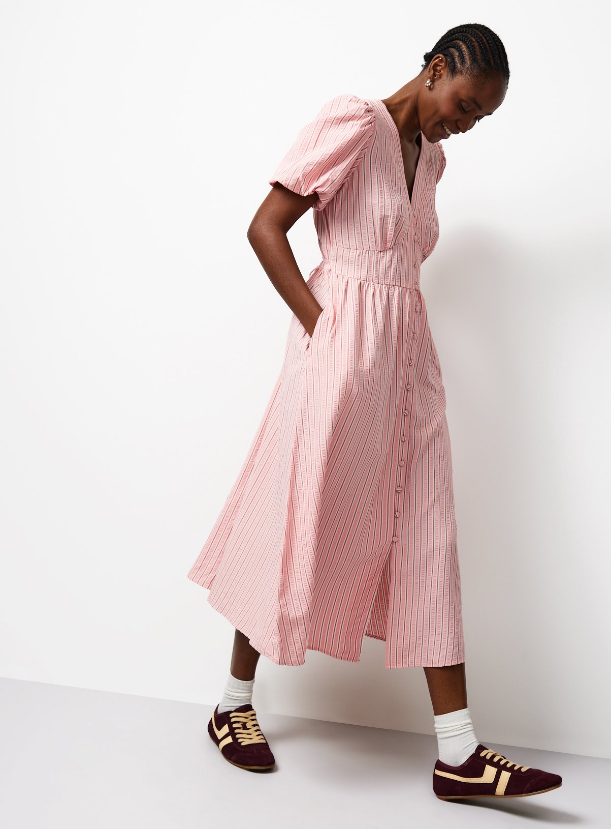 Pink V-Neck Striped Midaxi Tea Dress 14
