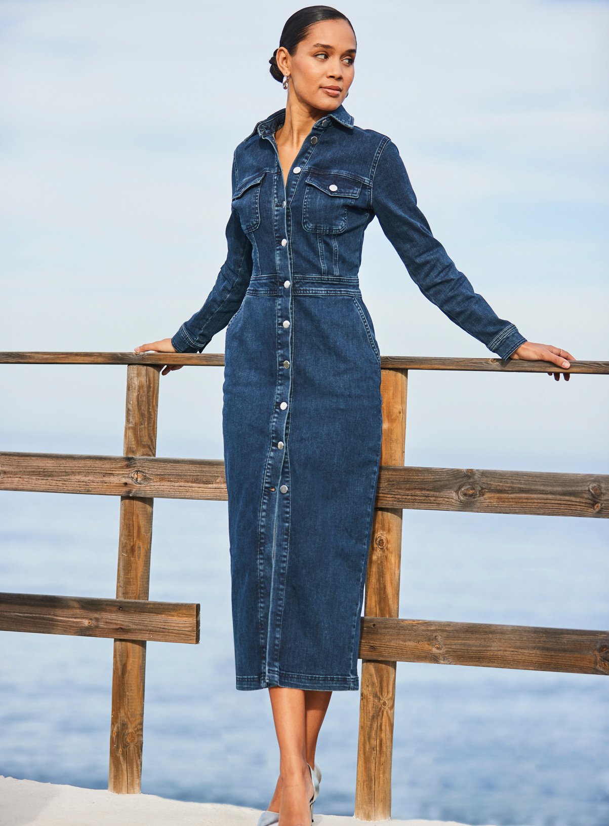 SOSANDAR Dark Indigo Denim Long Sleeve Button Front Midi Dress