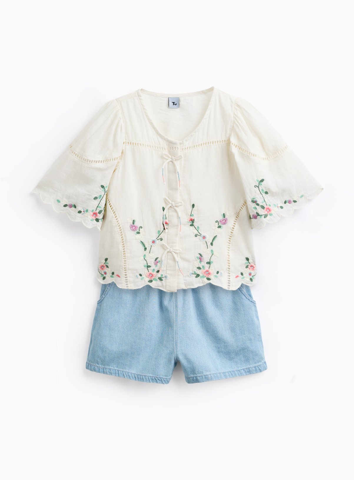 Embroidered Shirt & Denim Shorts Set