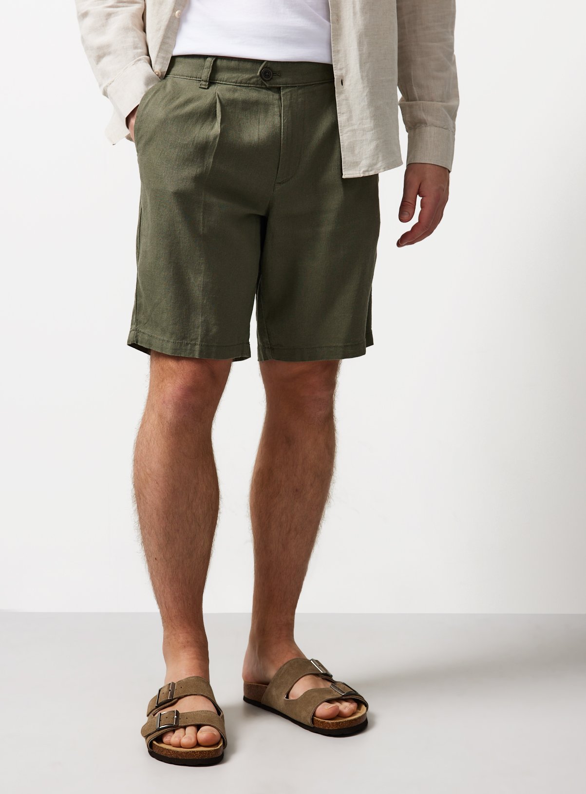 Khaki Linen Viscose Blend Shorts 34