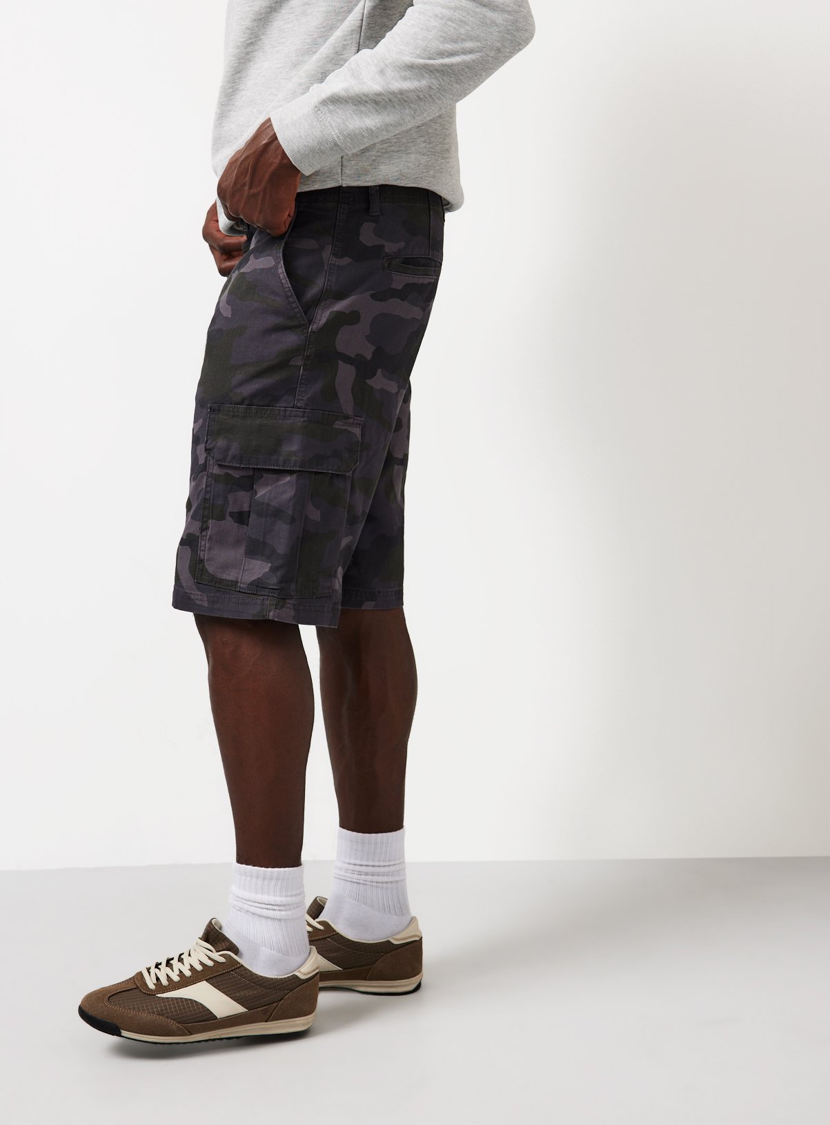 Black Camo Longer Length Cargo Shorts