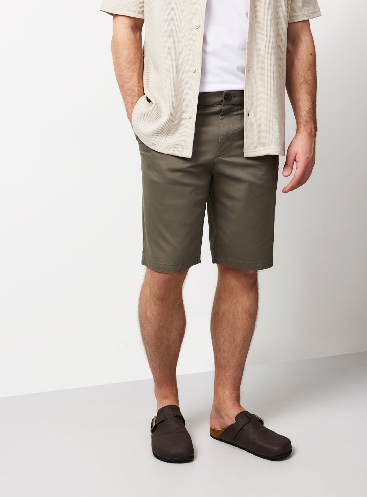 Khaki Longer Length Lightweight Chino Shorts 34
