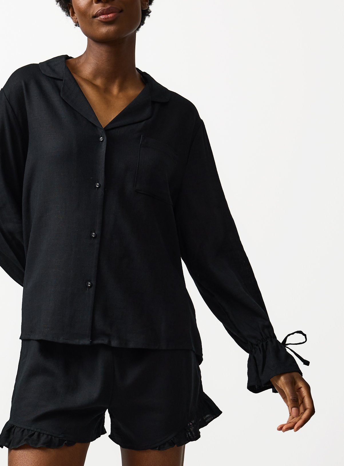 Black Frill Sleeve Shortie Traditional Pyjamas with Linen 