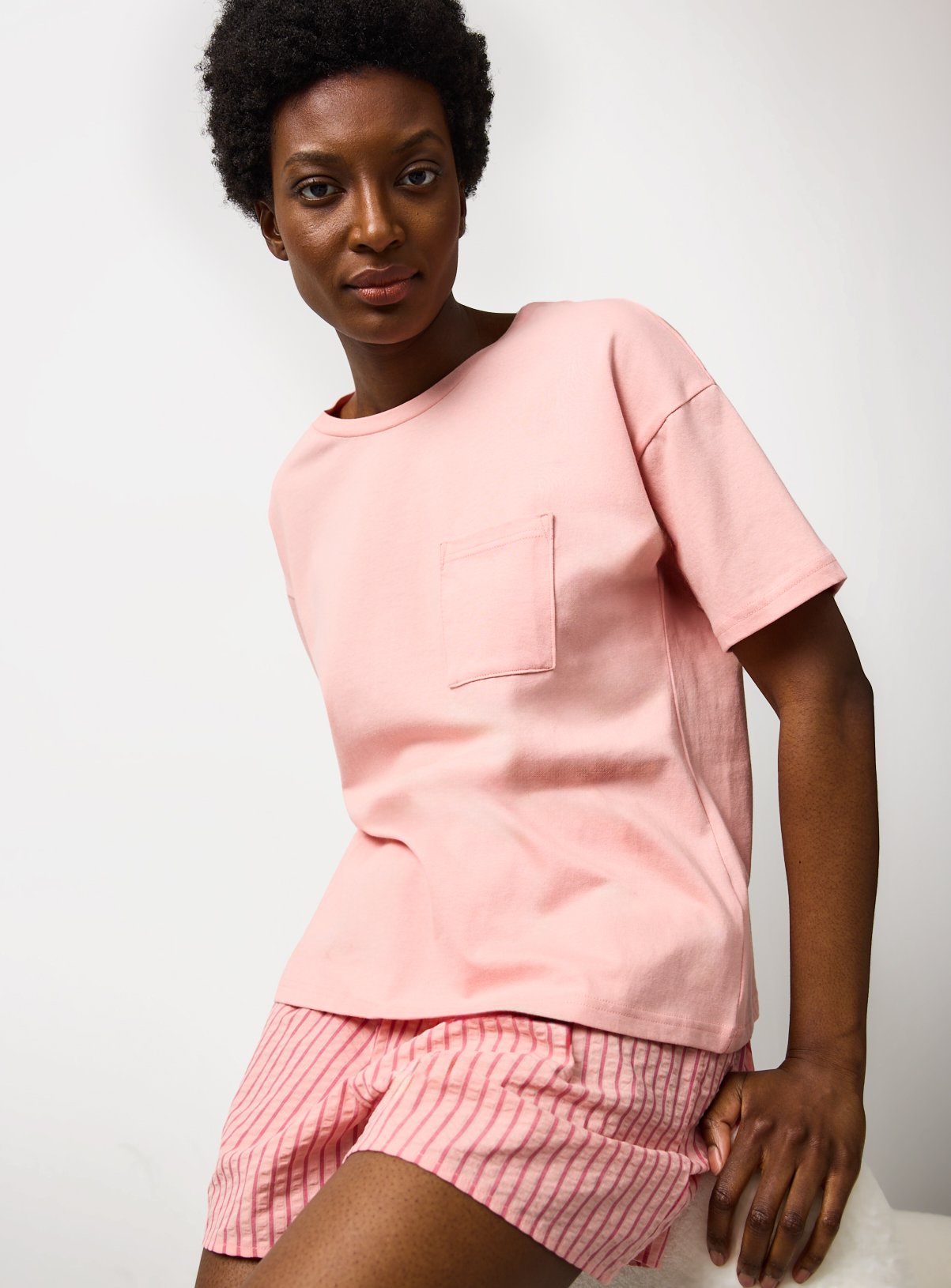 Pink Stripe Print Woven Jersey Shortie Pyjamas 