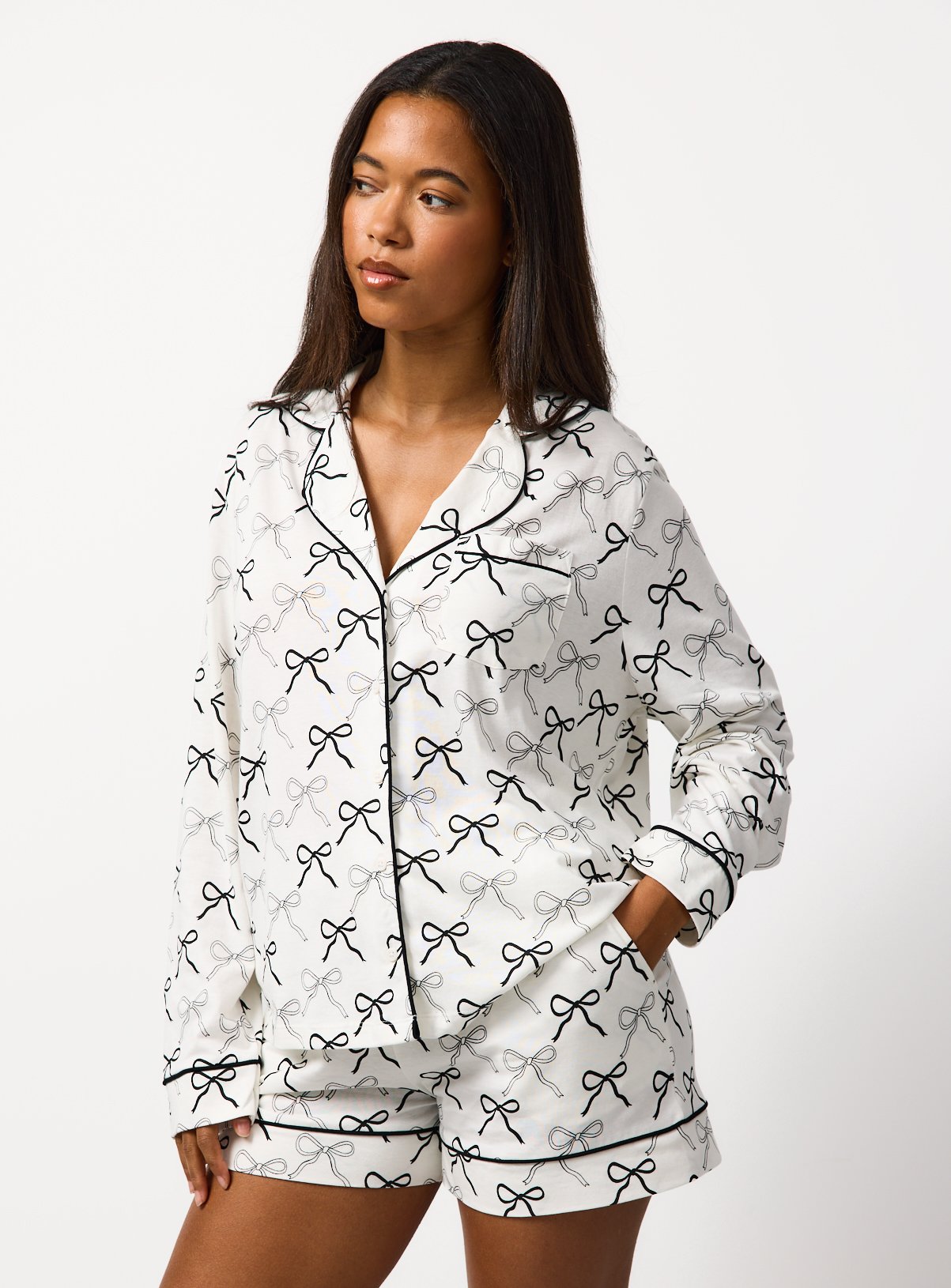 White Bow Print Modal Traditional Shortie Pyjamas 