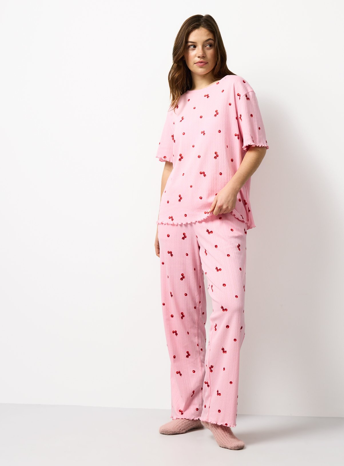 Pink Tomato Print Pointelle Co-ord Pyjama Top S