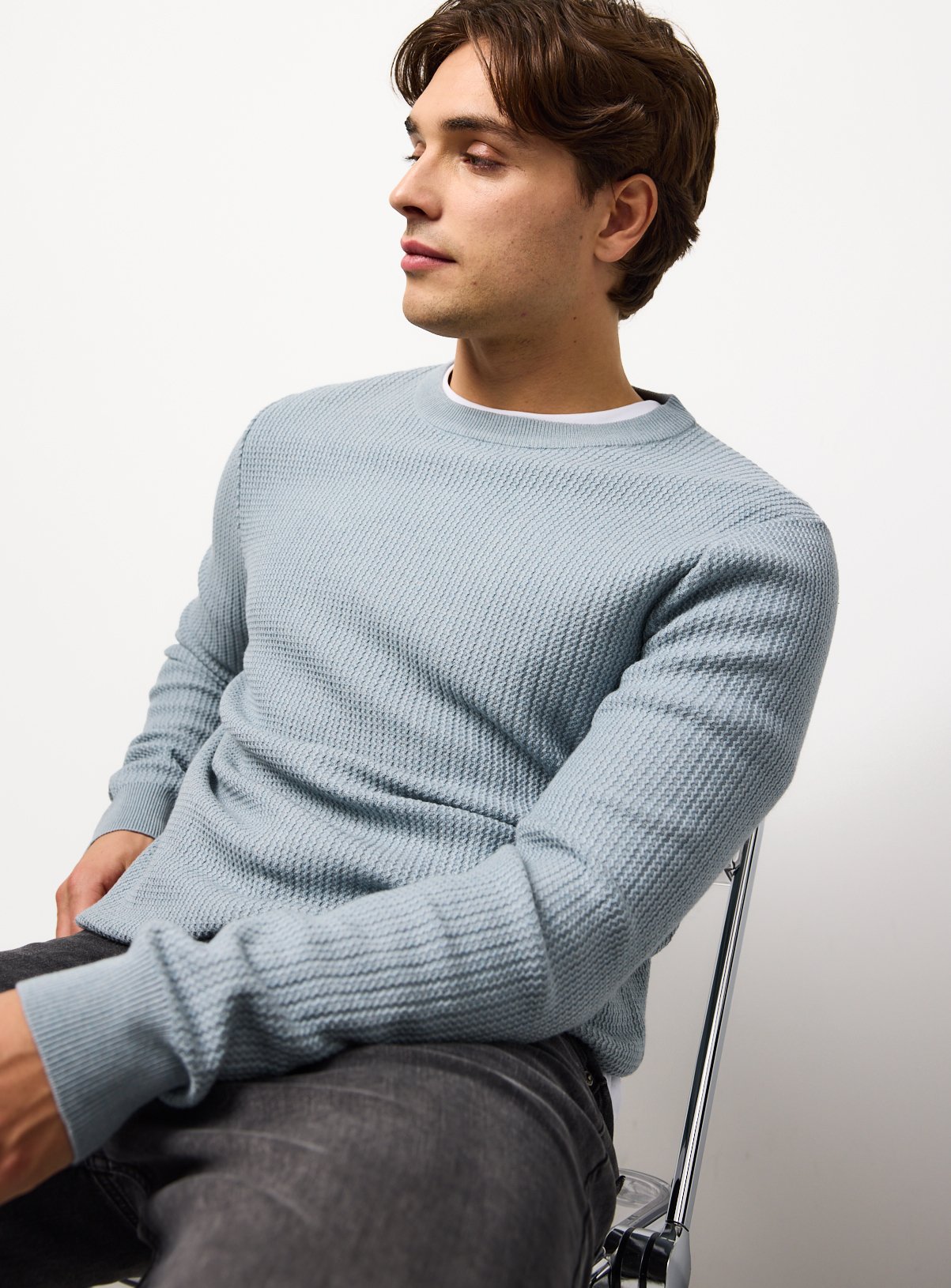 Blue Textured Crew Neck Jumper 