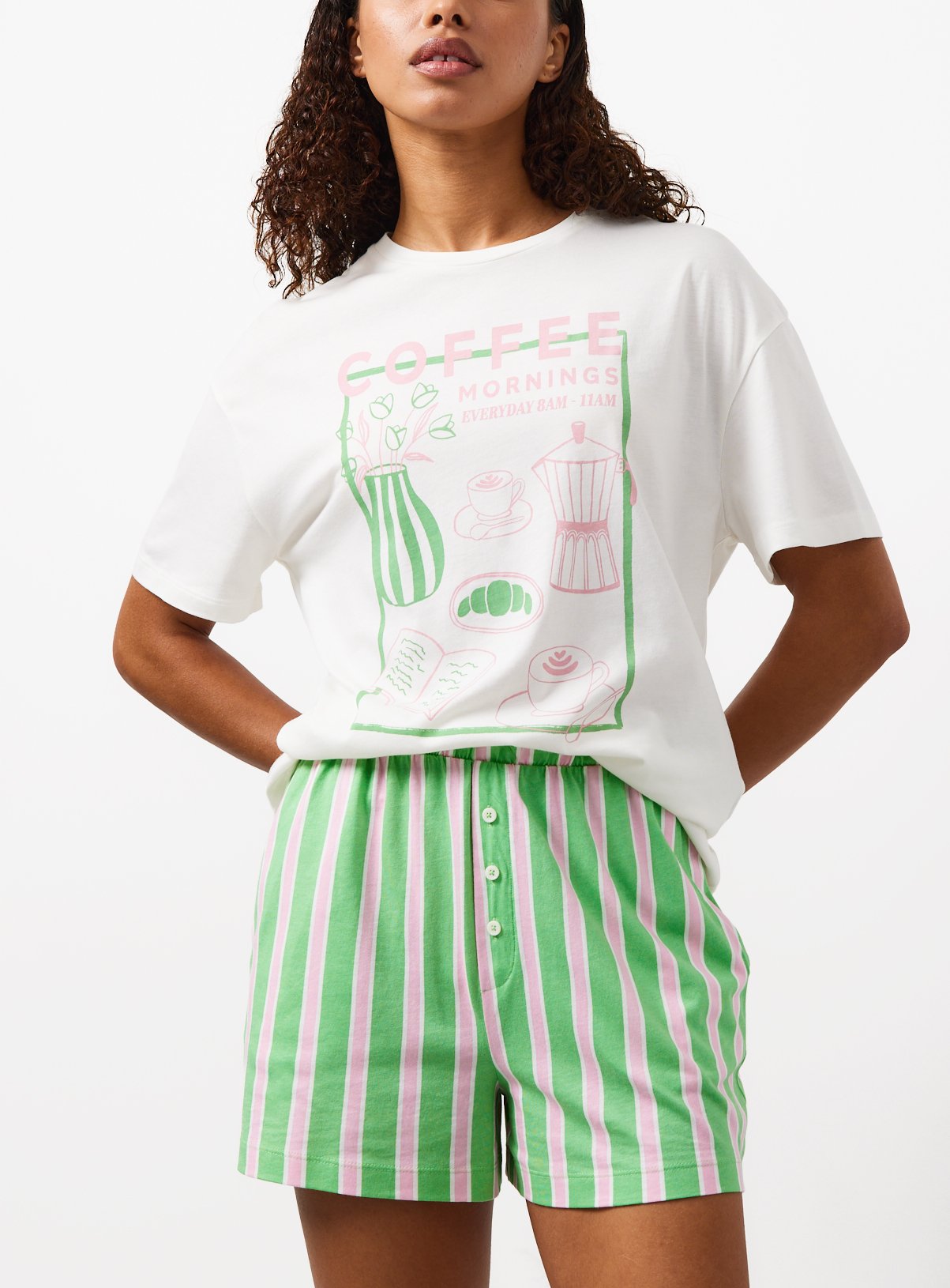 Green & Pink Stripe Pyjama Shorts S