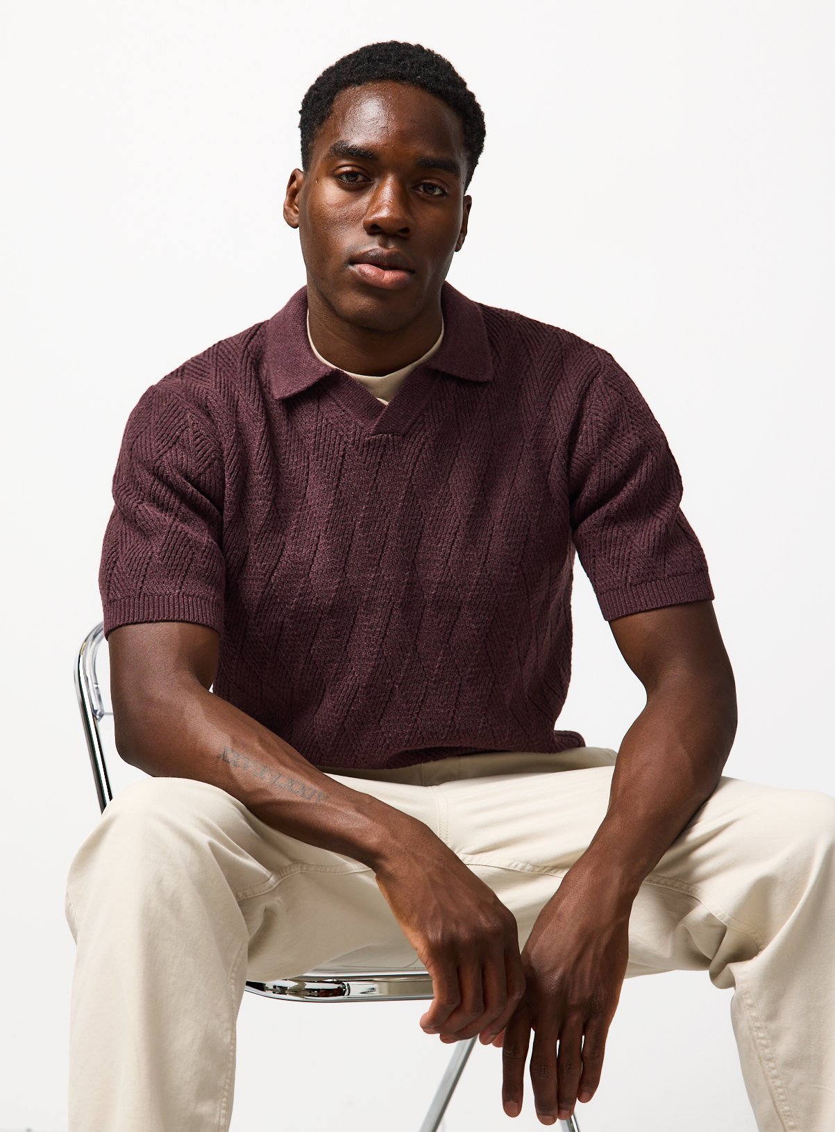 Dark Pink Jacquard Trophy Neck Polo Shirt L