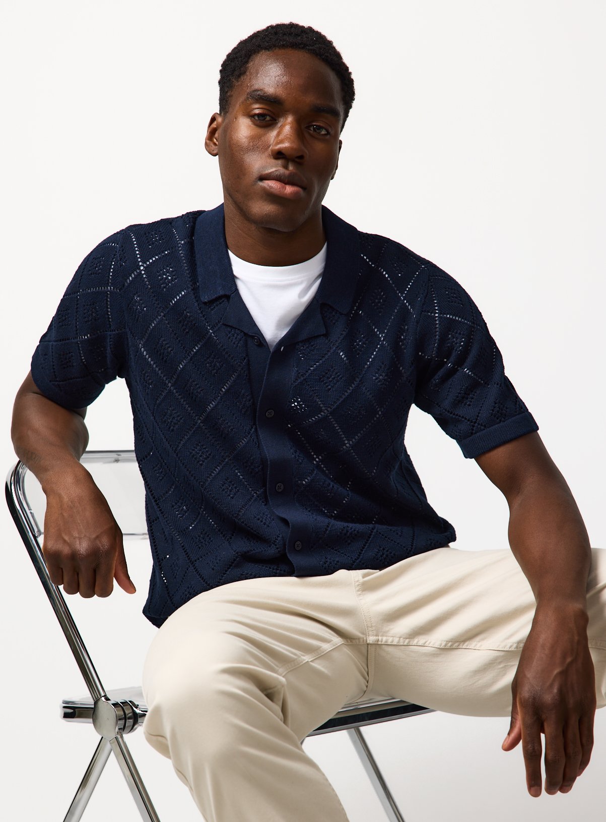 Navy Diamond Print Pointelle Button Through Polo XXL