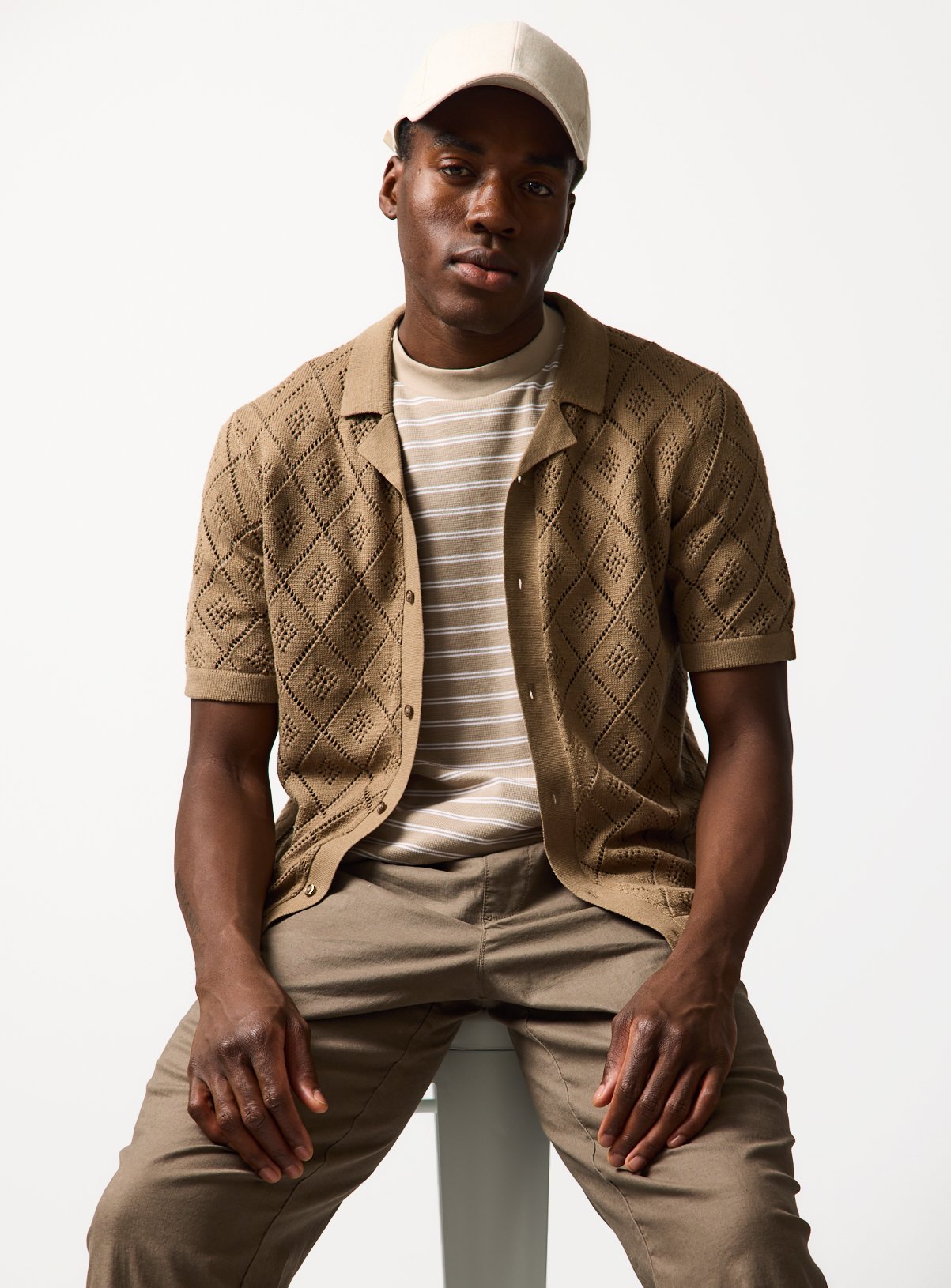 Stone Diamond Print Pointelle Button Through Polo XL